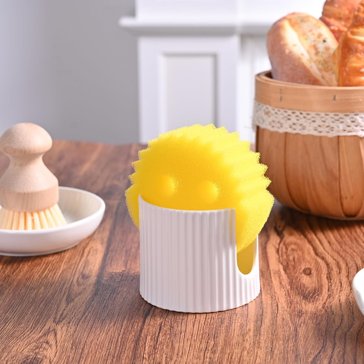 Ceramic Sponge Holder for Kitchen Sink - White Dish Sponge Caddy, Scouring Pads Drying Rack for Countertop