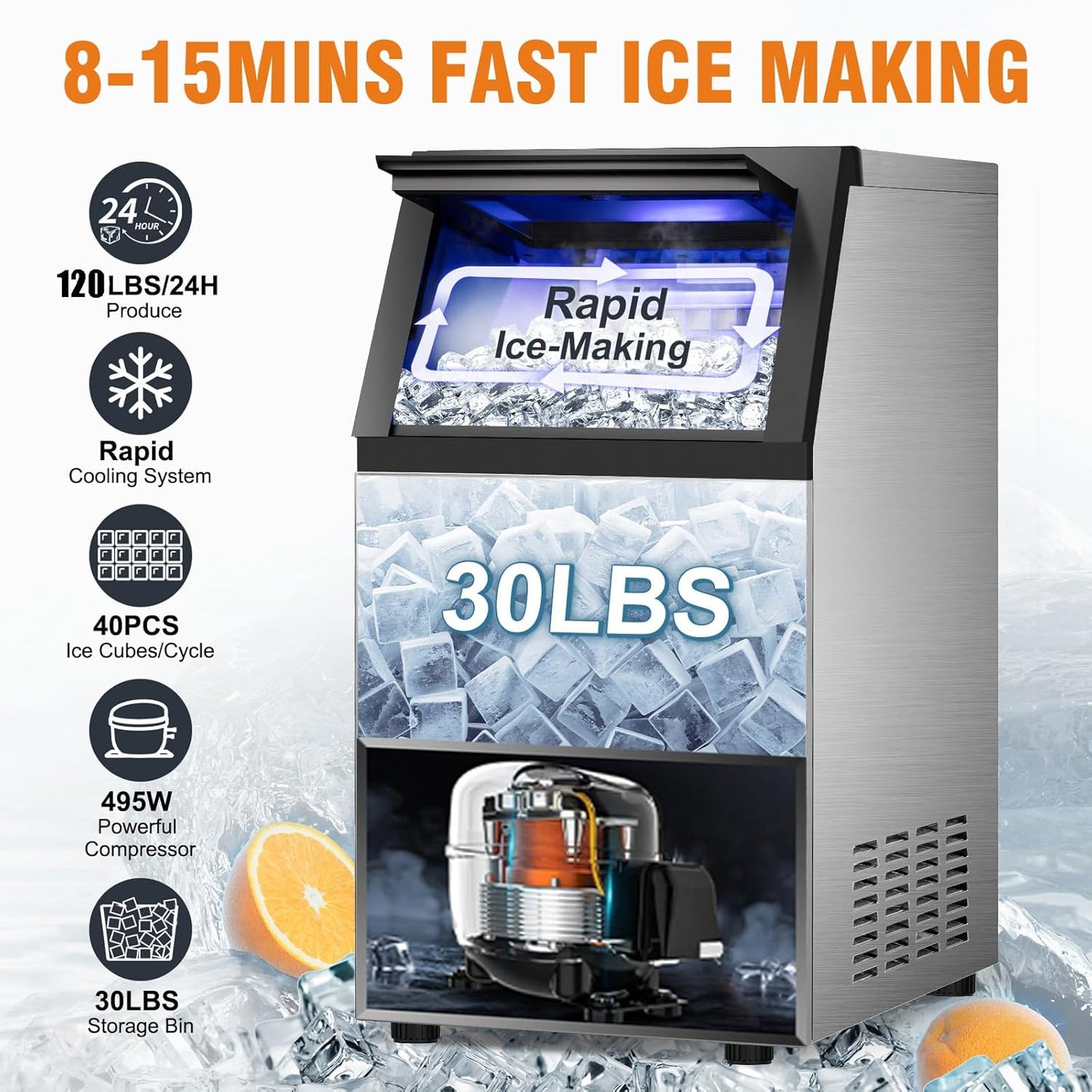 Commercial Ice Maker Machine, 120Lbs/24H with 30Lbs Storage Bin, 40Pcs Ice Cubes 6Mins, 2-Way Add Water Under Counter Freestanding Ice Maker Commercial for Home Bar Office