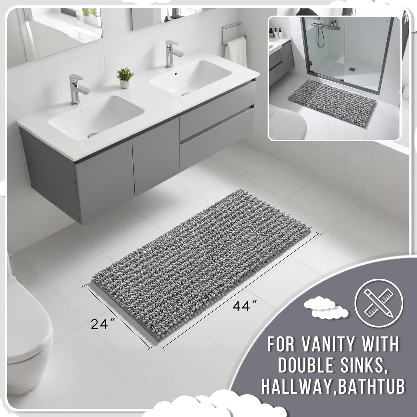 Yimobra Long Bathroom Rugs Non Slip Washable 44x24 Inch - Ultra Soft Absorbent Chenille Bath Mat, Quick Dry Shaggy Floor Carpet for Tub Shower, Gray Home Decor Accessories