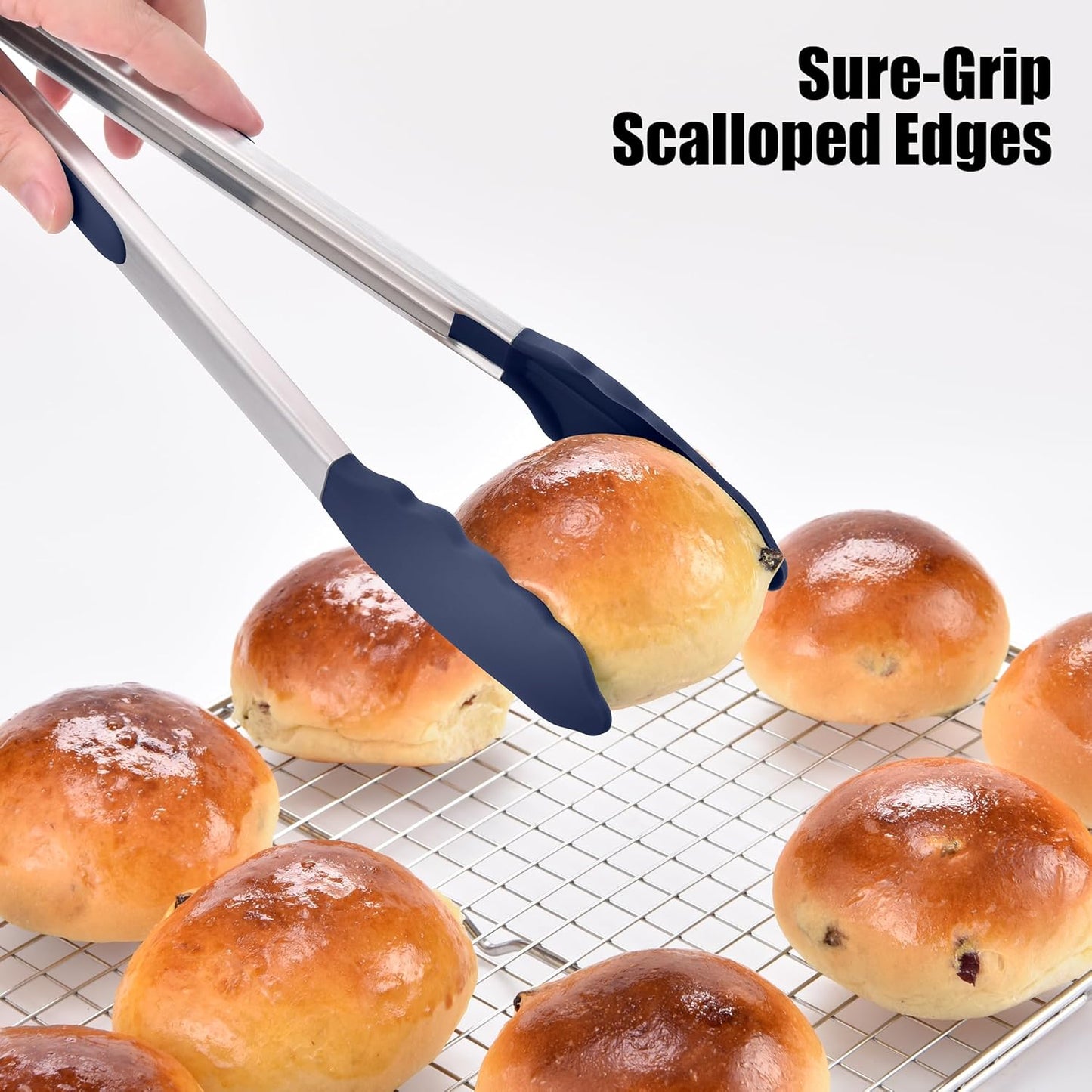 Doosu Kitchen Tongs for Cooking - 600°F Heat Resistant Food Tong with Non-Scratch Silicone Tips, Heavy Duty Stainless Steel Locking Tong for BBQ, Grilling Steak, Serving Salad Pasta (12in, Navy Blue)