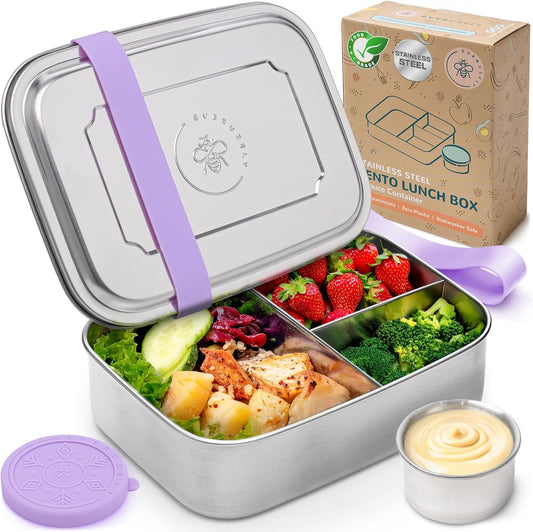 Everusely - Bento Box - Lavender, 60oz / 1.8 L - Stainless Steel Lunch Box with Leakproof Condiment Container - 3 Compartment Snack Organizer for On the Go Meals - Freezer & Dishwasher Safe