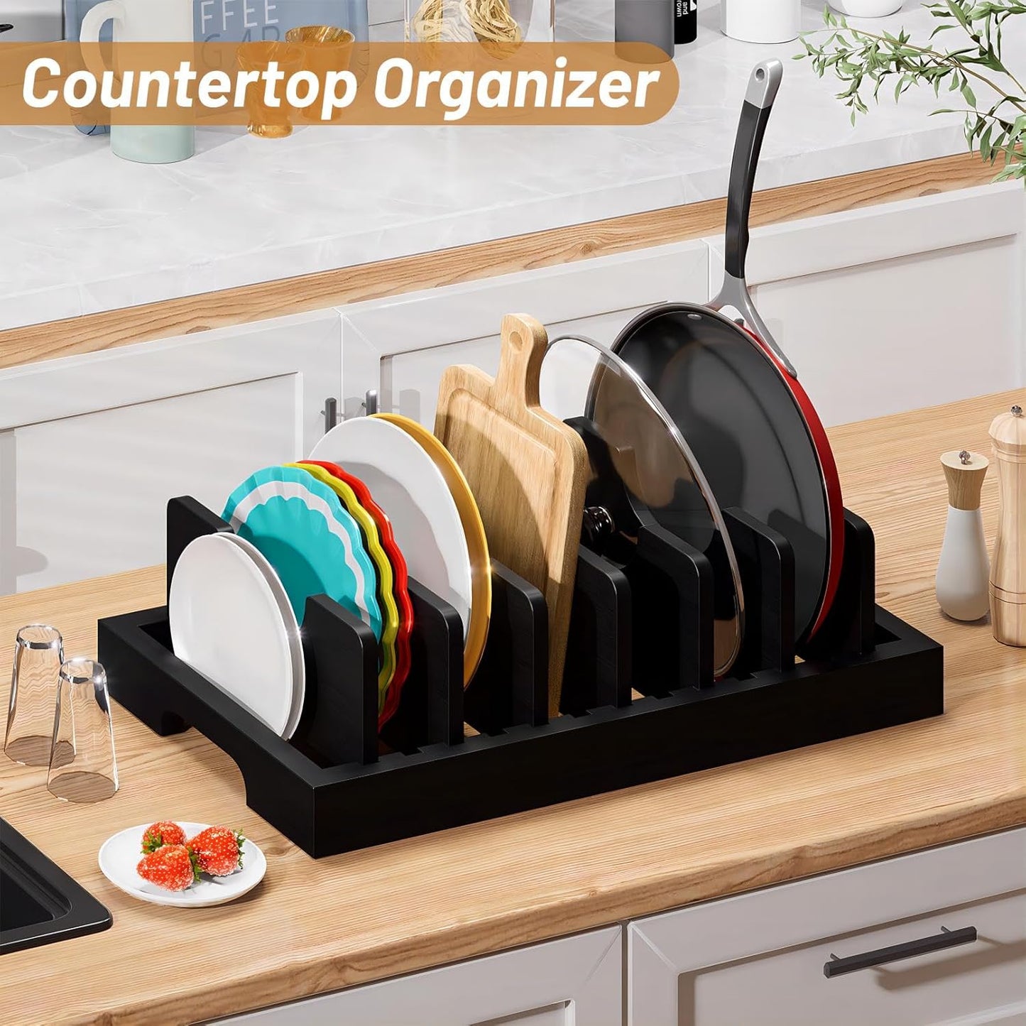 Bamboo Pot and Pan Organizer, Pot Lid Organizer Holder Rack for Countertop Drawer, Kitchen Cabinet Organizer with 7 Adjustable Dividers for Pots, Pans, Baking Sheets, Cutting Boards, Black