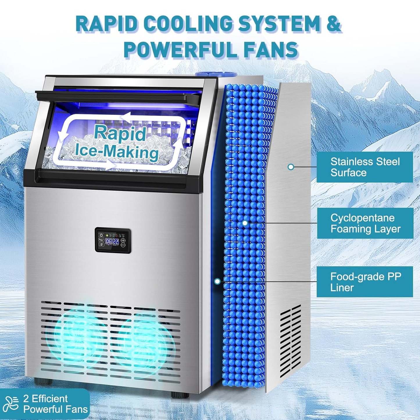 Commercial Ice Maker Machine, 175Lbs/24H with 45Lbs Storage, 55Pcs Clear Ice Cubes in 8-15Mins, Freestanding Stainless Steel Ice Machine for Home, Bar, Party, Office - Fast Ice Making & Easy to Clean