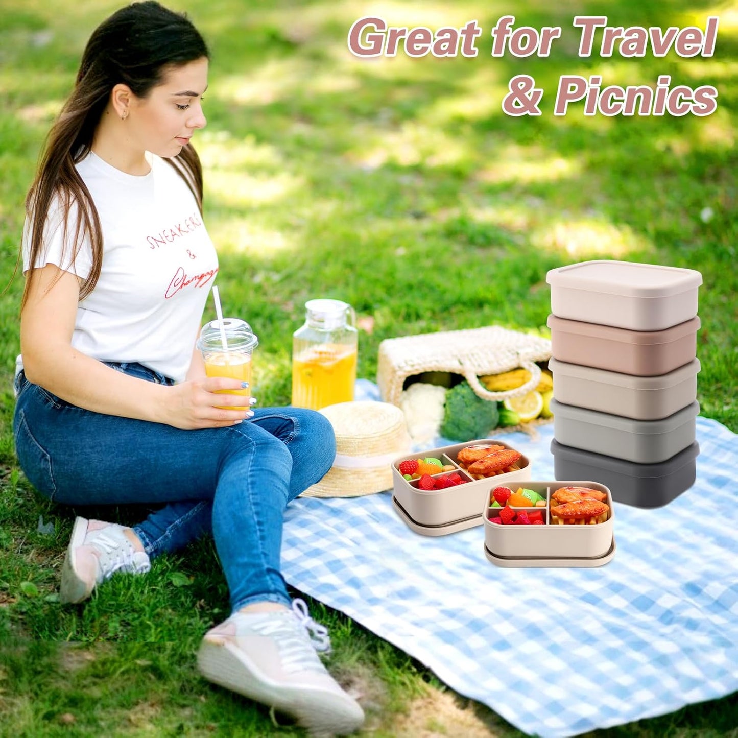 Honeydak 6 Pcs Silicone Bento Box 3 Compartment Reusable Lunch Container Smooth and Leakproof Meal Prep Lunch Box with Lid Stackable Meal Prep Container for Work Travel, 6 Colors(Light Colors)