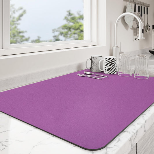 Dish Drying Mat for Kitchen Counter | Coffee Bar Mat for Countertops | Heat Resistant Drainer Mat with Non-slip Rubber Backed | Hide Stain Kitchen Absorbent Draining Mat | Purple 16"x18"