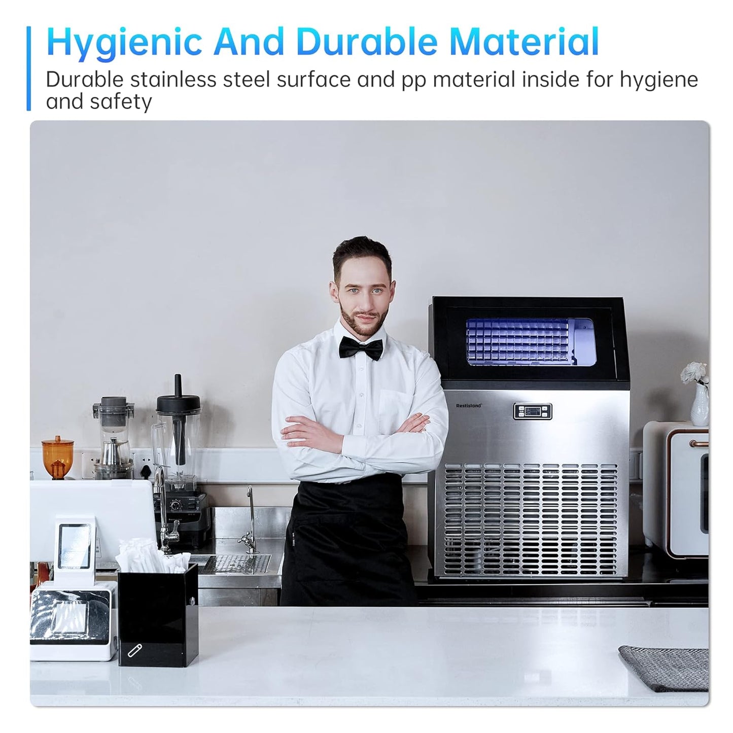 Commercial Ice Maker Machine, 200 lbs/24 Hours, 48 lbs Storage Bin, Stainless Steel, Blue Light, Freestanding, Great for Home or Business, Includes Ice Scoop, Connecting Hose