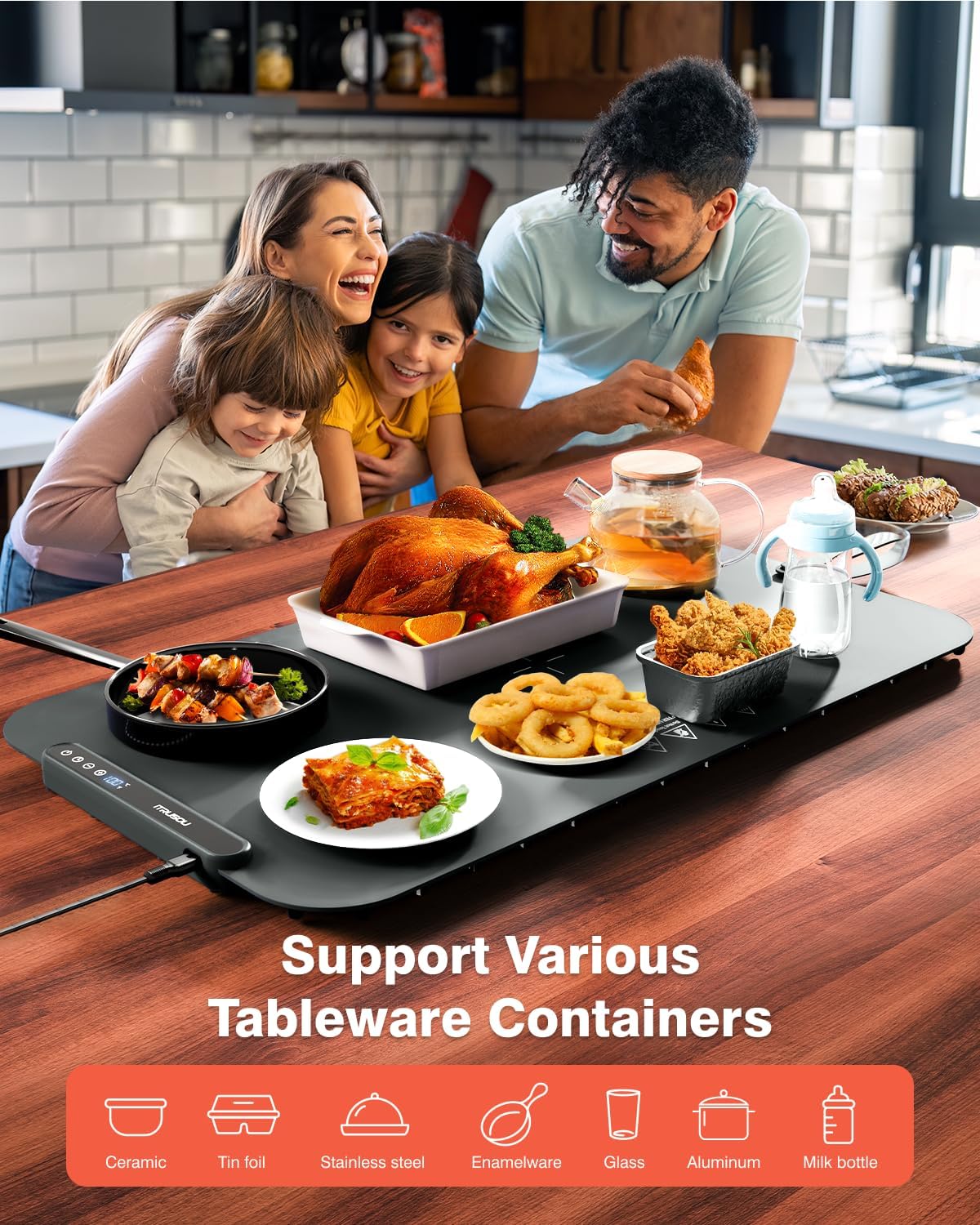 Food Warming Mat, iTRUSOU 27.5x16'' Electric Warming Tray with 7 Temp-Settings, Switchable Fahrenheit/Celsius, 99h Timer, Foldable Food Warmer Keep Food Warm at Buffet, Party, Sabbath, Daily Use