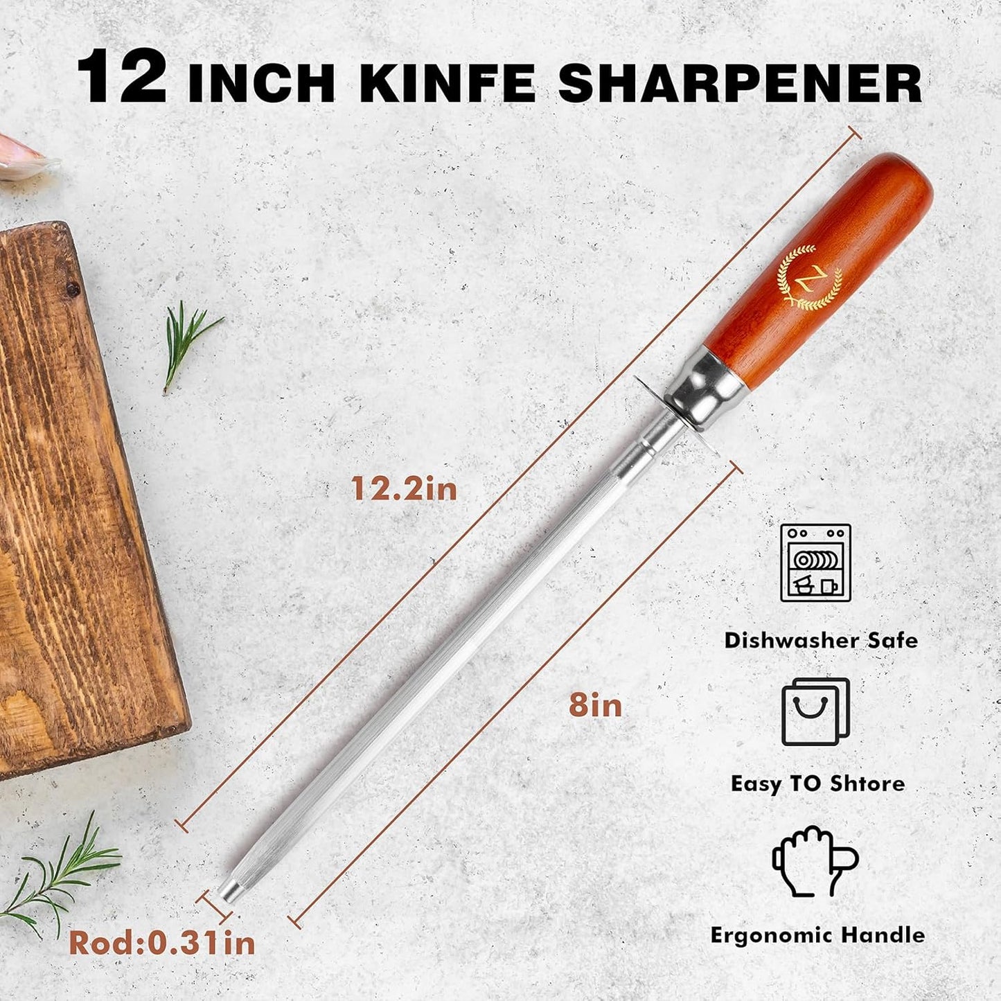 Knife Sharpener Rod, Kitchen Knives Sharpener Carbon Steel Professional Knife Sharpening Steel, Honing Rod with Hanging Holes (13 inches), Z