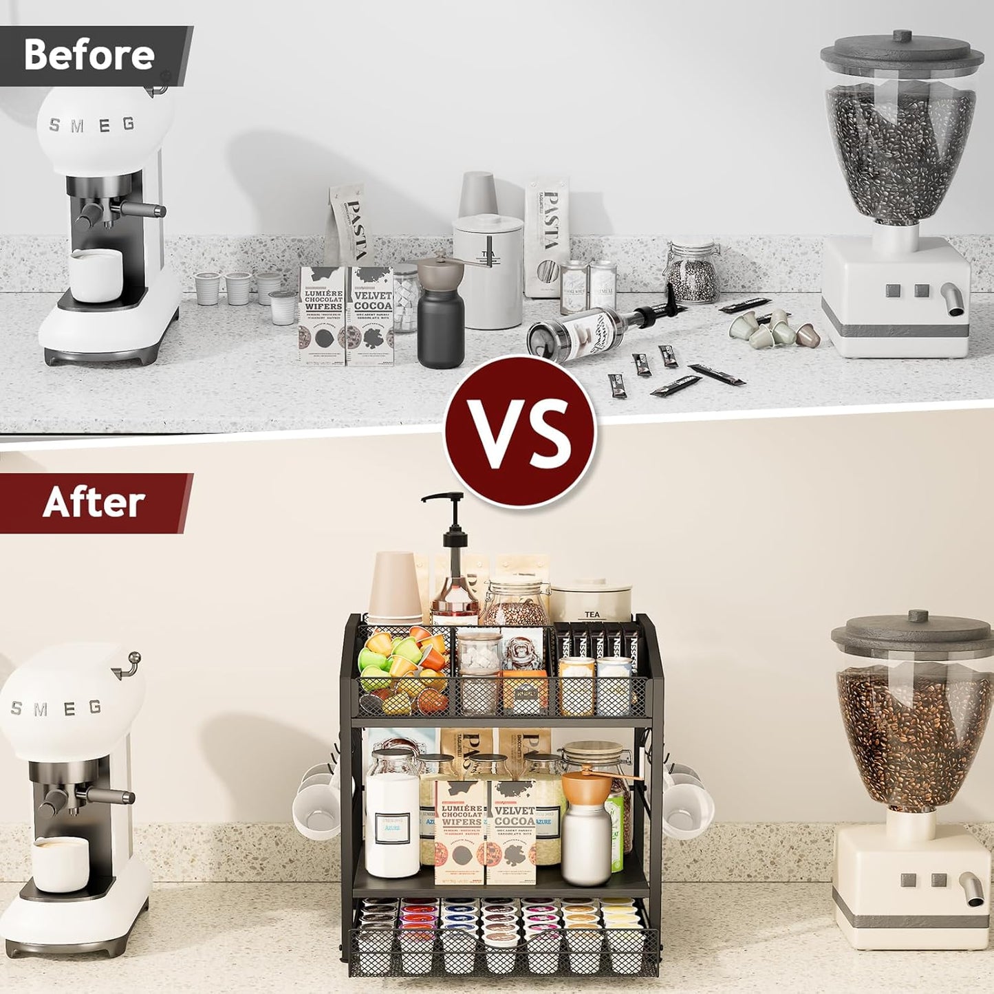 Coffee Bar Organizer - Countertop Coffee Station, 42 K Cup holder Storage Basket with Drawer and Hooks for Syrup, Cups, Stirrer, Condiment, Tea Organizer, Black