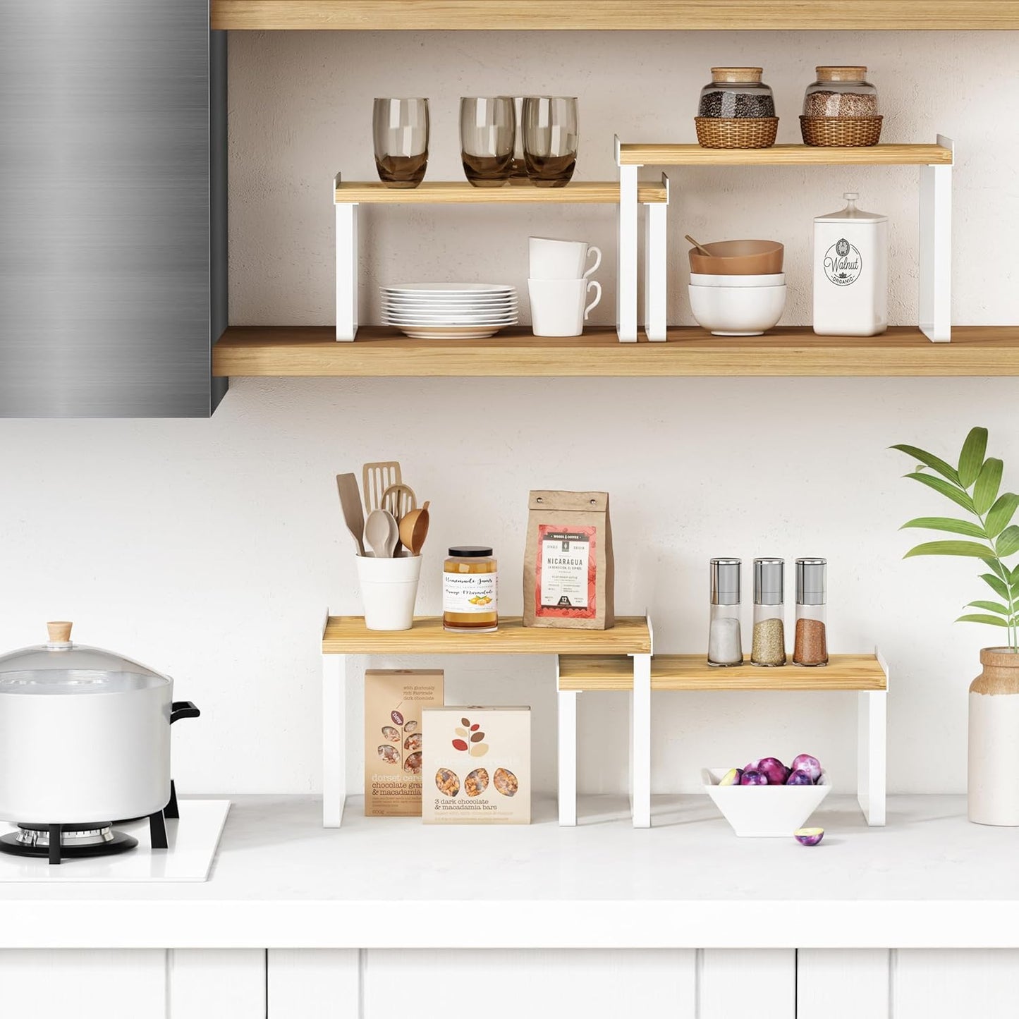 Kitchen Cabinet Organizer Set of 4, Desk Shelf Riser, Stackable Cabinet Pantry Cupboard Organizer, Kitchen Counter top Shelf, Storage Rack for Spices, Plates, Bamboo Wood, White