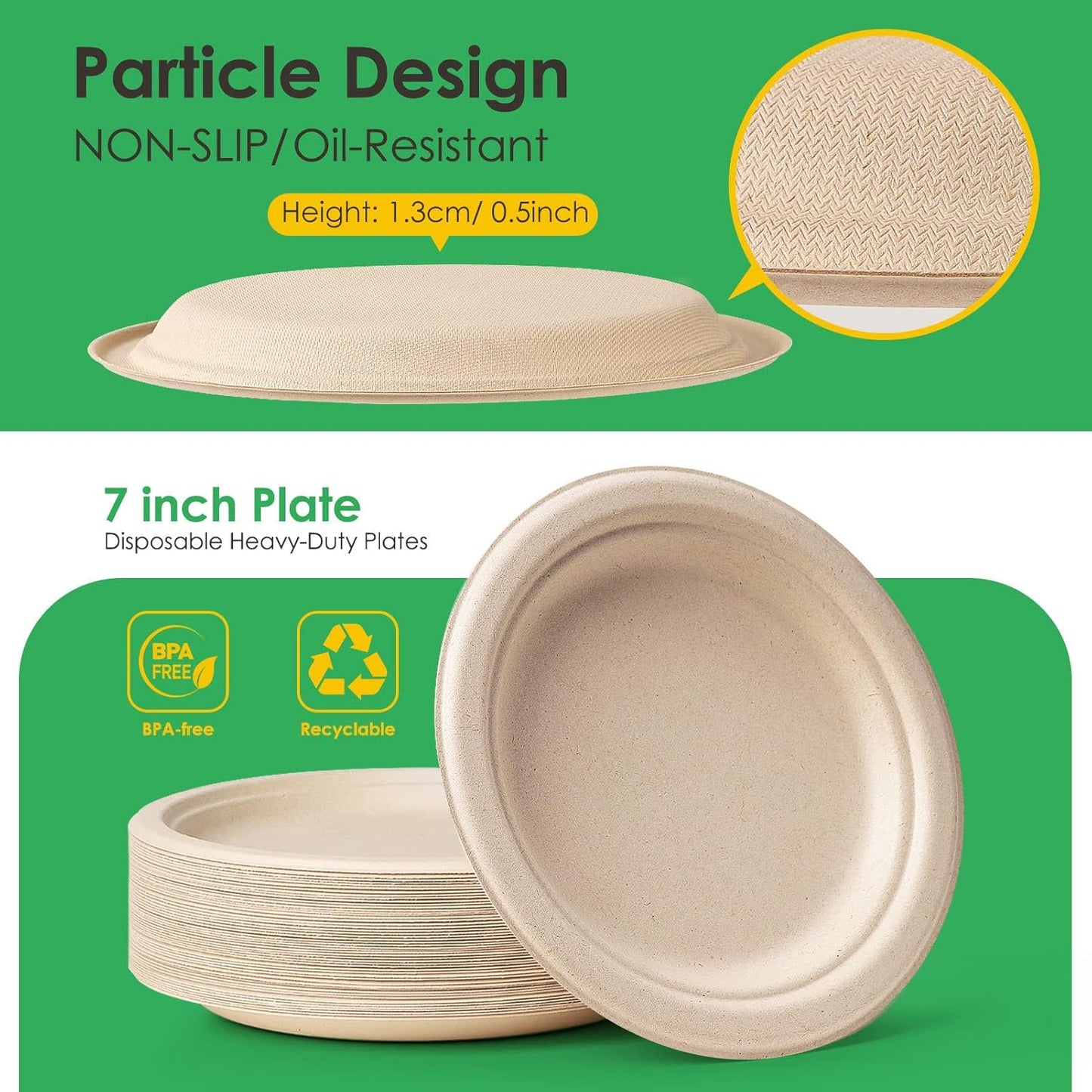 Gezond 100% Compostable Paper Plates 7 Inch, 150pcs Disposable Heavy-Duty Plates Unbleached Biodegradable Plate Made of Sugarcane Fiber