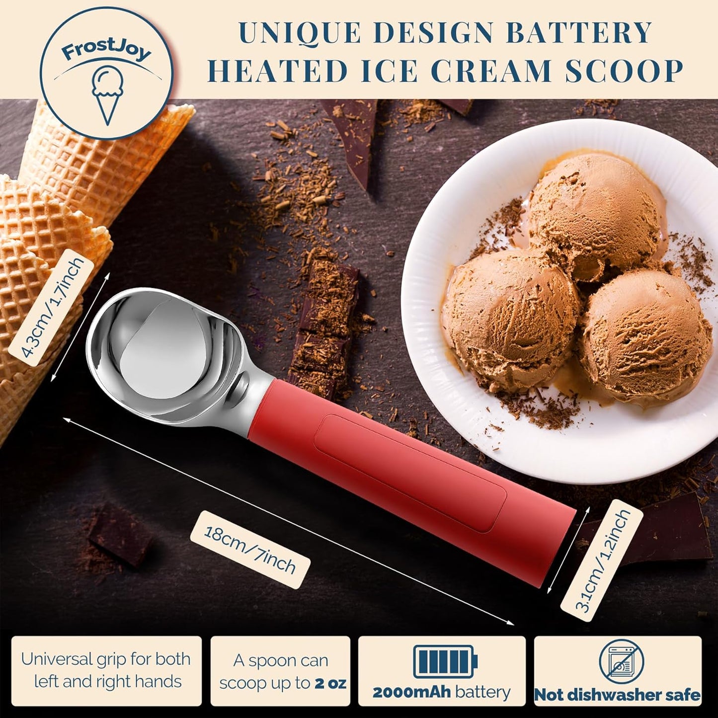 Heated Ice Cream Scoop Rechargeable, Electric Warming Ice Cream Scooper with LED Display, Heats to 158°F for Hard Ice Cream, IP67 Waterproof (Red, 2 oz)