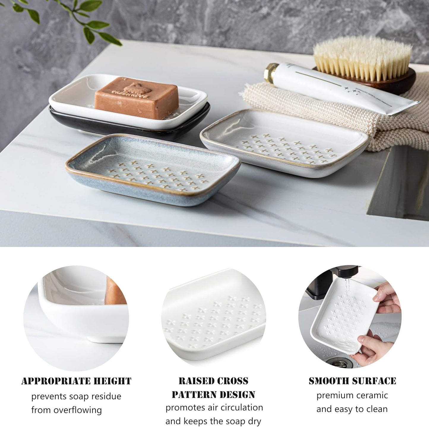 Gomakren Soap Dish, Shower Soap Holder, Ceramic Soap Dishes for Bar Soap Sponge Shampoo, Soap Saver Tray for Bathroom Kitchen Sink Counter, 5.5 Inch, White