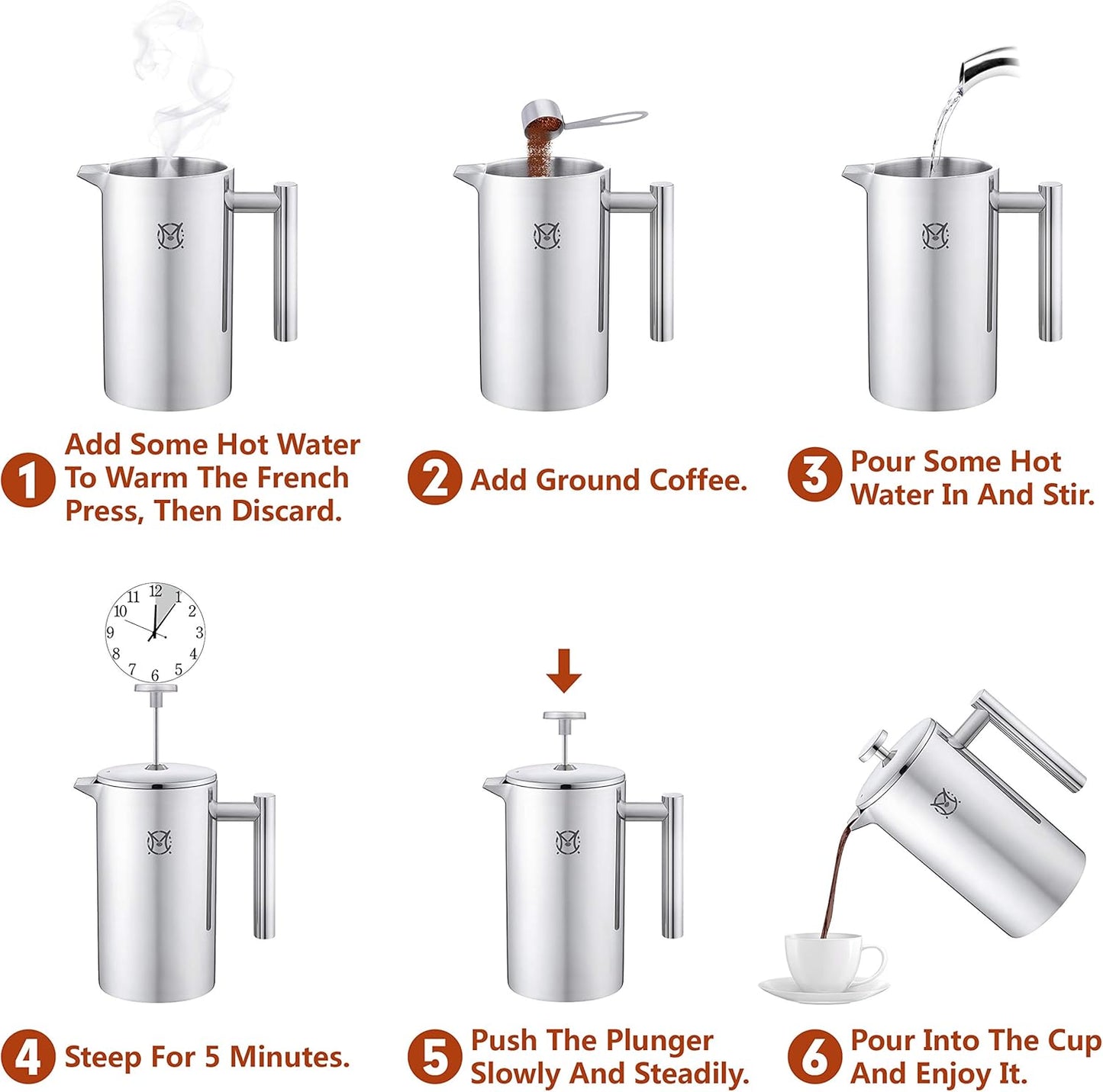 French Press Coffee Maker – Single Serve 1 Cup Small Stainless Steel Thermal Double Walled French Press 350ML/12OZ