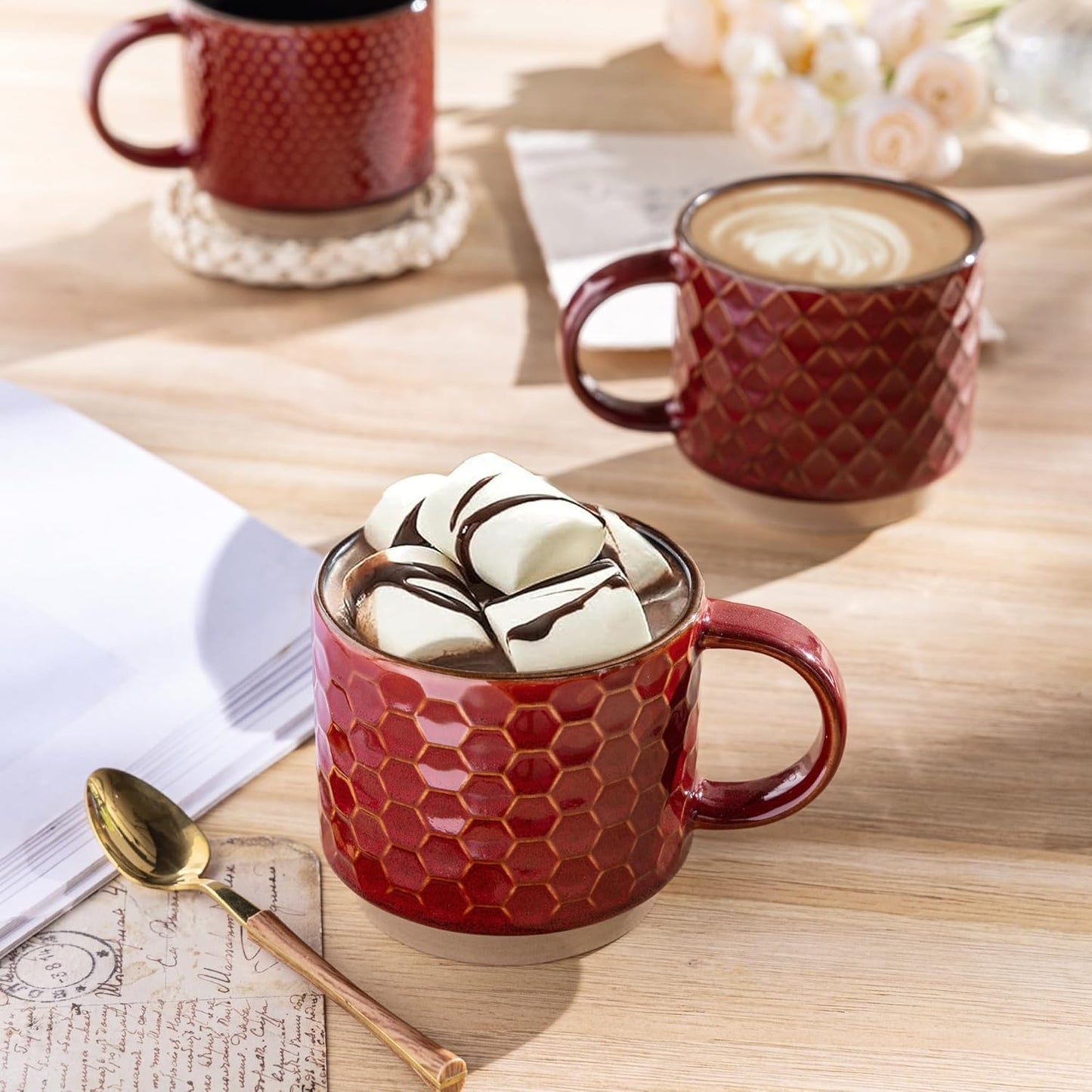 GBHOME 15OZ Stackable Coffee Mugs, Ceramic Coffee Cups with Texture Patterns for Man,Woman,Dad,Mom, Modern Coffee Mugs Set of 4 for Latte/Cappuccino/Cocoa. Dishwasher&Microwave Safe, Red