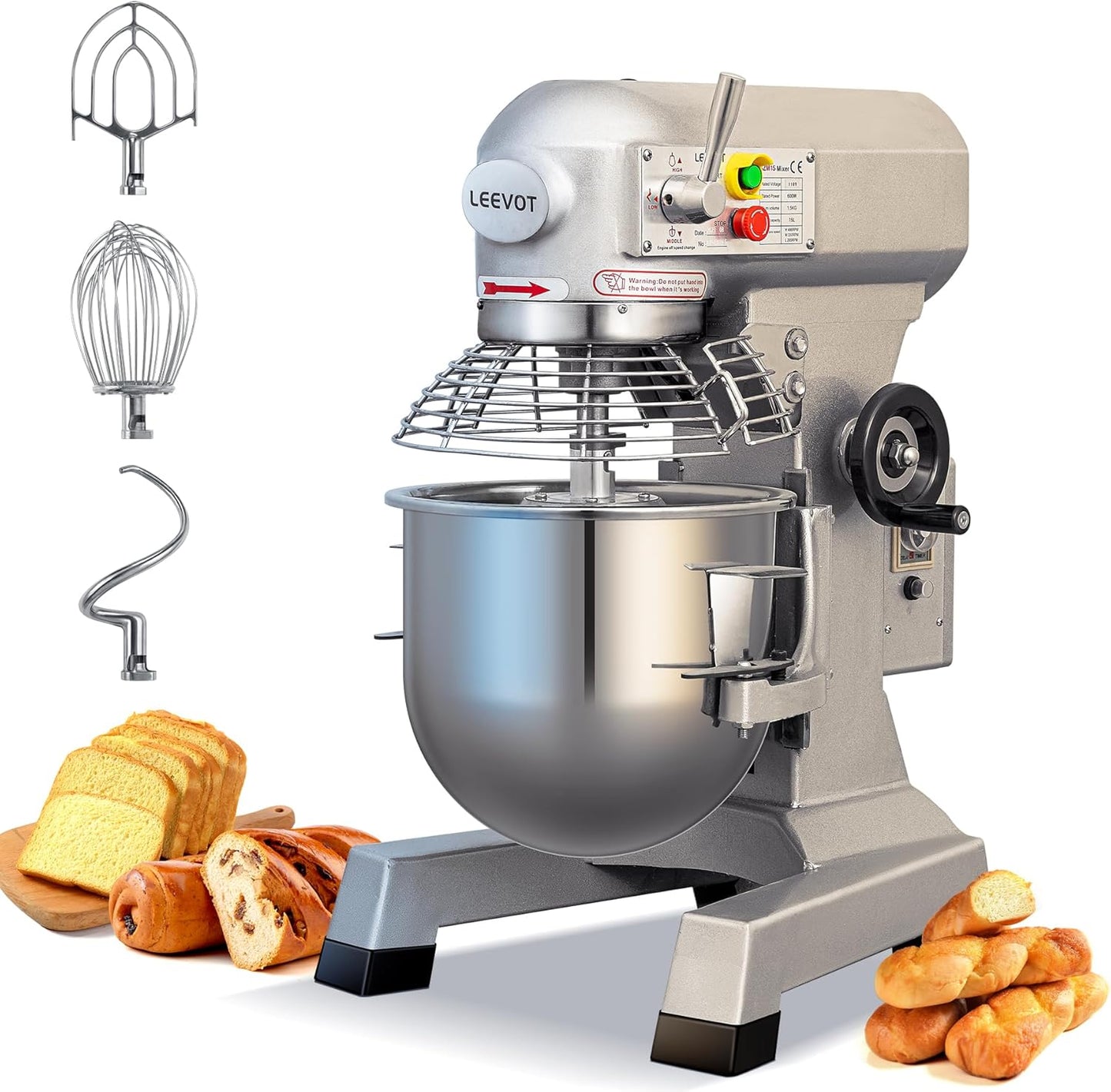 Commercial Food Mixer 15Qt,600W Commercial mixer 3-Speed Adjustable with Timing Function, Industrial Dough Mixer with Stainless Steel Bowl for Bakery Pizzeria (Upgrade)