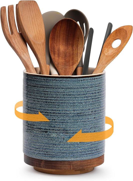 DOWAN 360° Rotating Extra Large Cooking Utensil Holder, 7.6" Kitchen Utensil Holder for Countertop, Utensil Crock for Farmhouse Kitchen Decor, Ceramic Stable Utensil Caddy, Blue