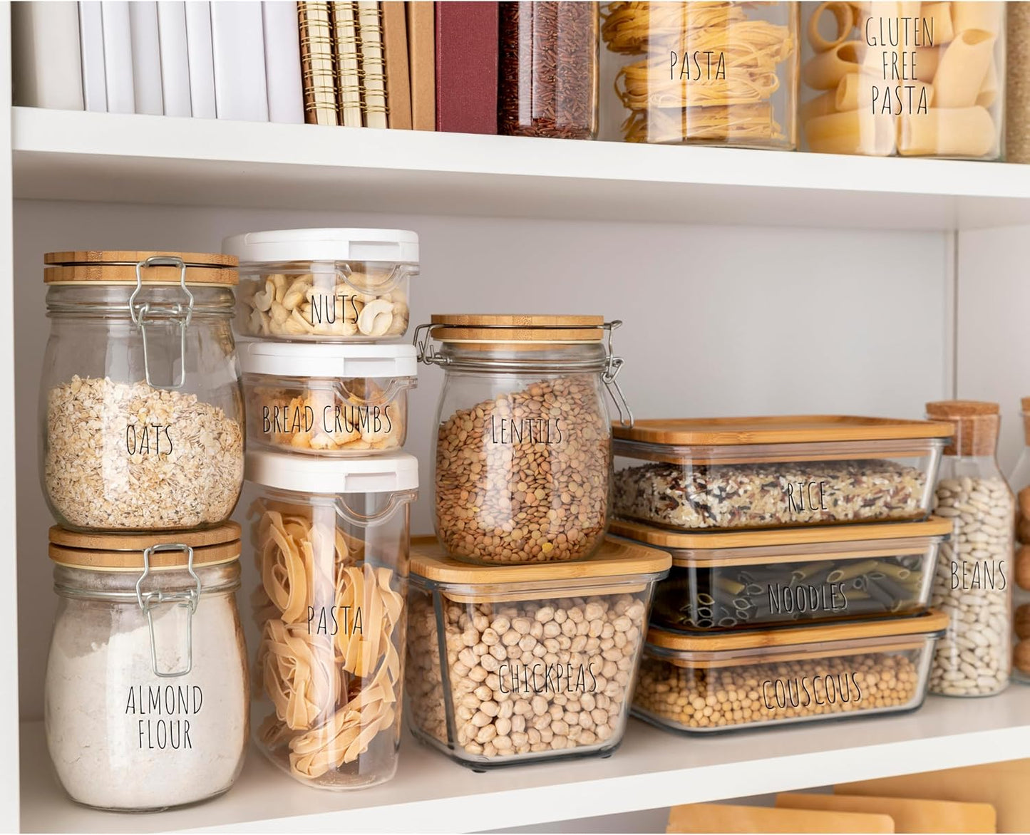 Hygge & Sage Pantry Labels for Containers Preprinted - 192 Waterproof Labels, Durable, Removable Kitchen Stickers, Clear With Black Print, Perfect for Use On Basket Labels, in Pantry, and Refrigerator