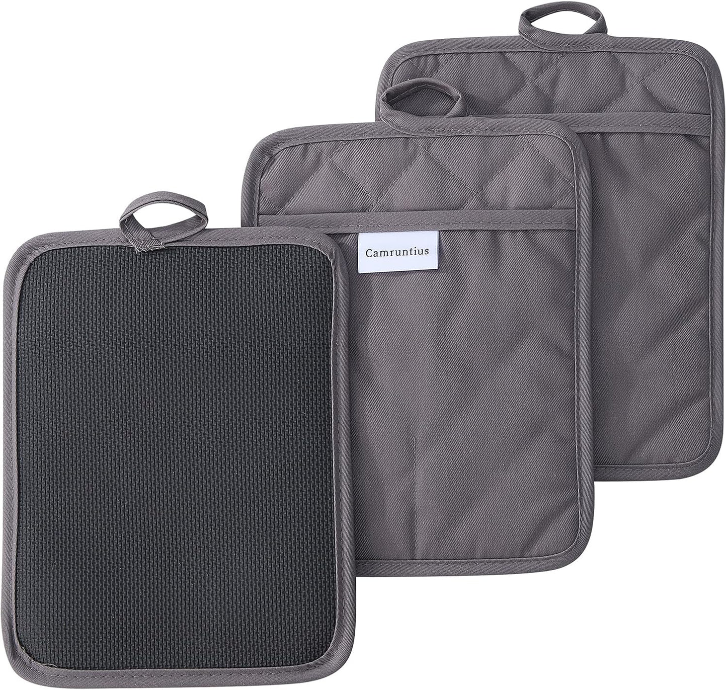 Kitchen Pot Holders, 7"x9", Rectangular with Pocket, Cotton and Neoprene Heat-Resistant Potholders for Cooking and Baking, Machine Washable, 3-Piece Set (Gray)