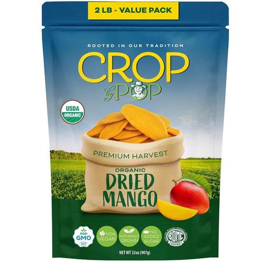 CROP BY POP - Organic Sun Dried Mango Slices, No Sugar Added, Unsulphured (32oz, 2 LB) Bulk Dry Fruits Packed Fresh in Resealable Bag - USDA Organic, Non GMO, Kosher