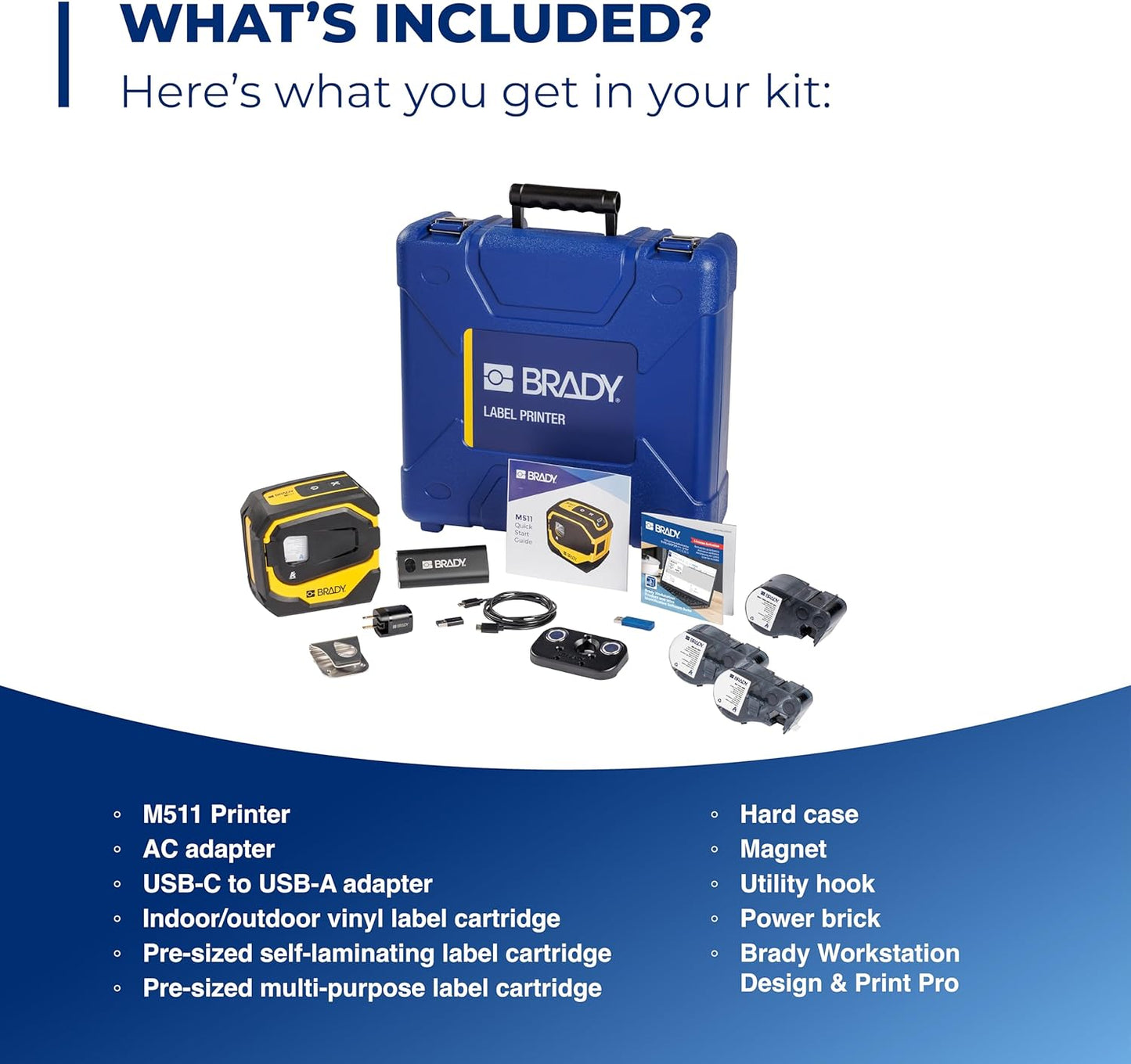 Brady M511 Portable Wireless Industrial Label Printer, Bluetooth Compatible, Comes with a Hard Case, Power Brick, 3 Label Cartridges, Magnet, Utility Hook Workstation Product/Wire Suite