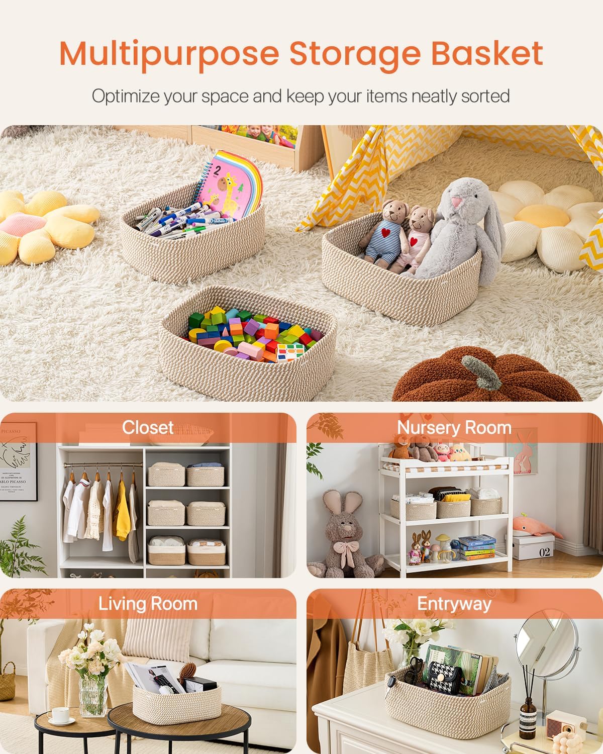 Small Woven Basket, 13.5 x 9.5 x 5 Inches, Storage Basket for Organizing, Cute Small Rope Shelf Closet Cube Storage Bins Baskets for Shelves, Dog Toy Gift Baskets Empty, 3 Pack Brown