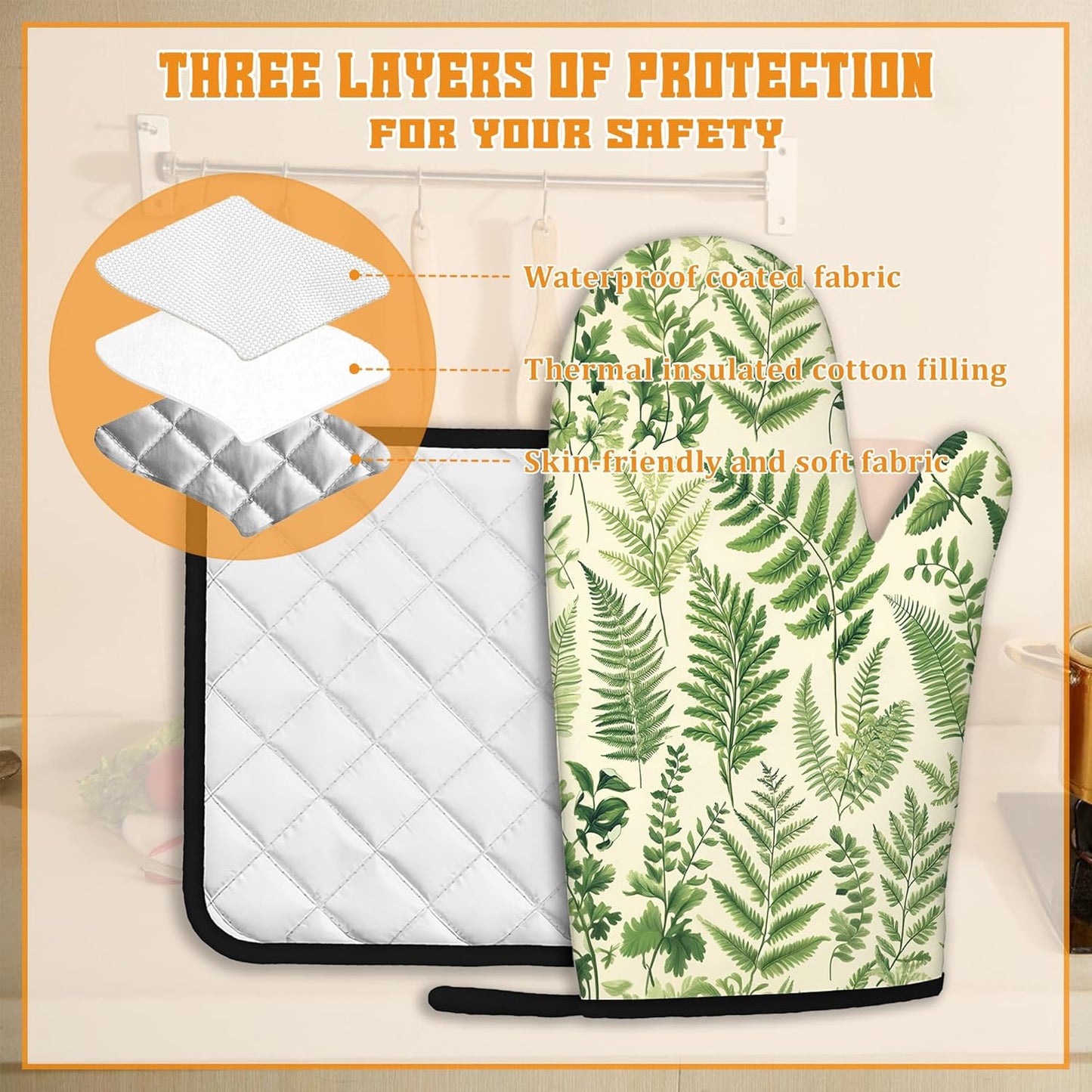 Fern Herbs Oven Mitts and Pot Holders Set,Botanical Floral Leaf Kitchen Decor Heat Resistant Non Slip Hot Pads and Oven Mitt for Chef Cooking Baking BBQ Mom Girl Gifts(4 Piece Set)