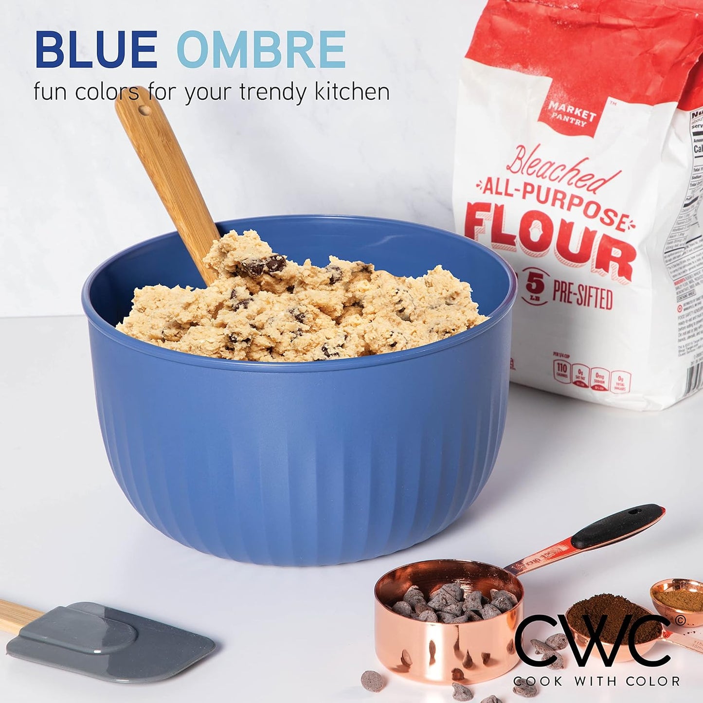 COOK WITH COLOR Prep Bowls with Lids- Wide and Deep Nesting Plastic Small Mixing Bowl Set with Lids, 8 Piece Set - Deep Bowls, Blue