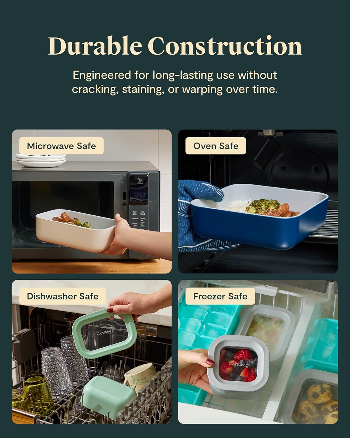 Caraway Glass Food Storage - 10 Cup Glass Container - Ceramic Coated Food Container - Non Stick Lunch Box with Lids - Dishwasher, Oven, & Microwave Safe - Square Shape - Gray