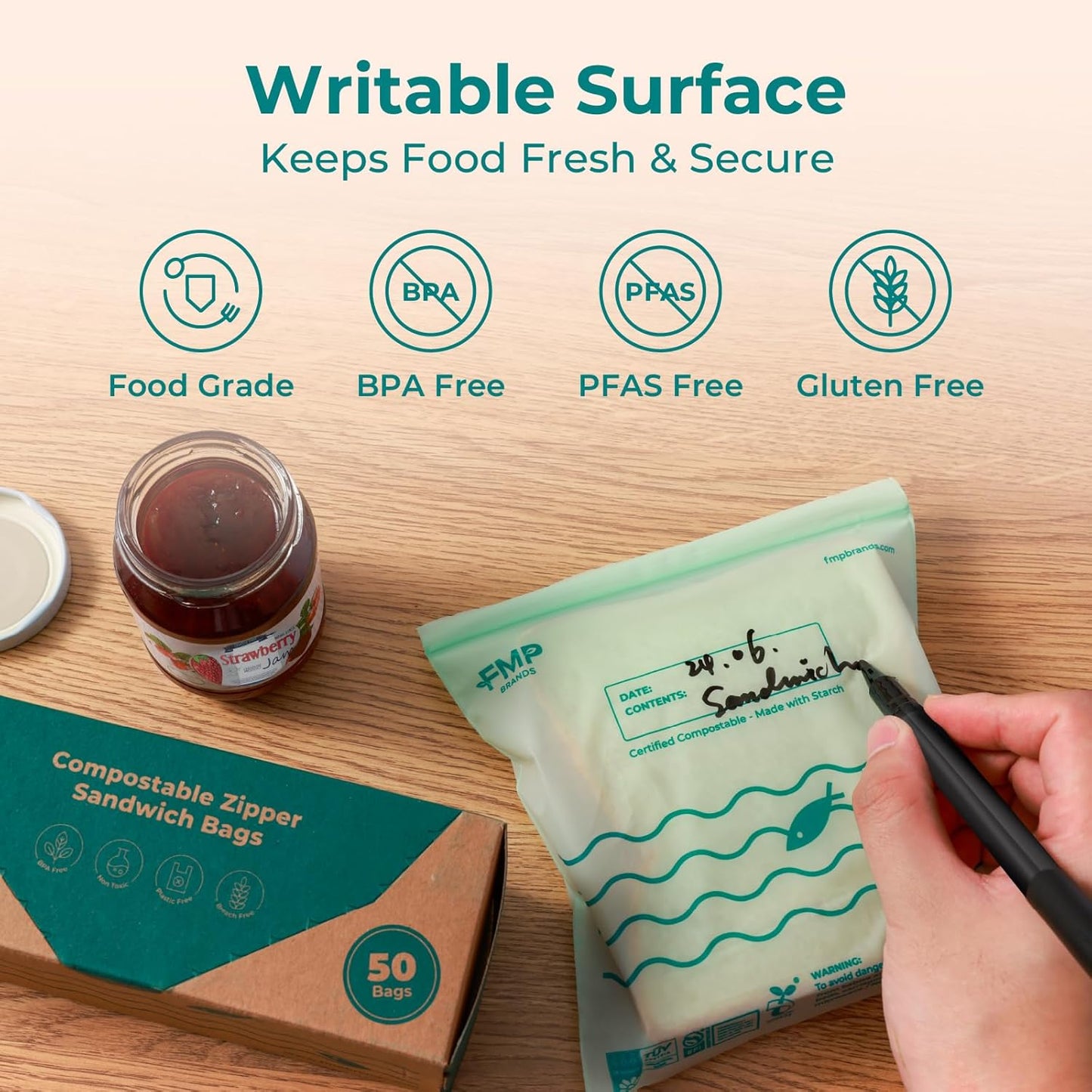 Fit Meal Prep 50 Pack 100% Compostable Sandwich Bags, 6.5 x 6.7" Resealable Food Storage Freezer Bags, Eco Friendly Snack Bags for Travel, ASTM D6400, US BPI & EU OK Compost Certified