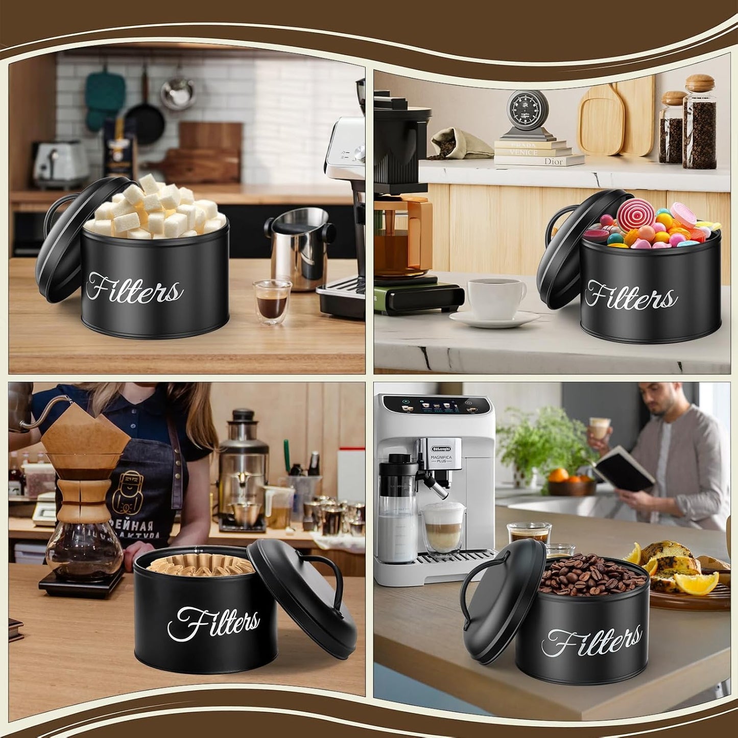 Coffee Filter Holder for Counter, Large Basket Coffee Filter Storage with Lid, Round Container for Bar Accessories Decor (Black)