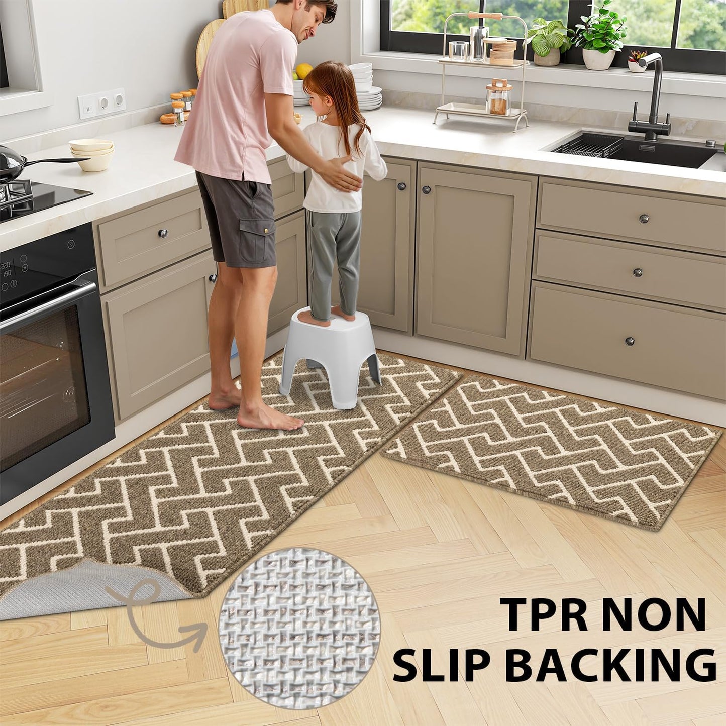 hicorfe Kitchen Rugs and Mats Sets,Non-Slip 2 Pieces Absorbent 100% Polypropylene Rug,Comfort Kitchen Runner Mat,Washable for Kitchen,Sink,Laundry(20" x 31.5" Plus 20" x 59",Beige)