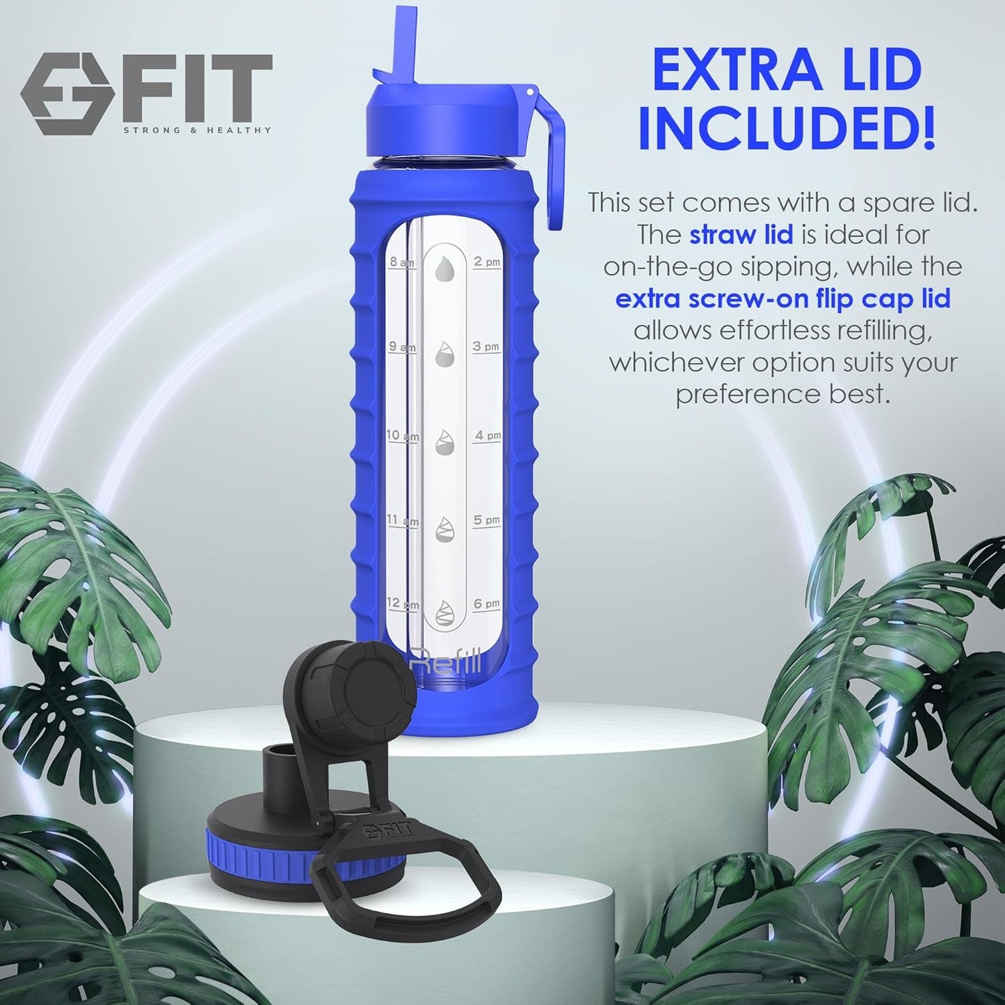 FIT Strong & Healthy 32 oz Glass Water Bottle with Straw Lid, Time Marker, Sleeve & Extra Lid - Motivational, Wide Mouth 1 Liter Glass Drinking Bottle