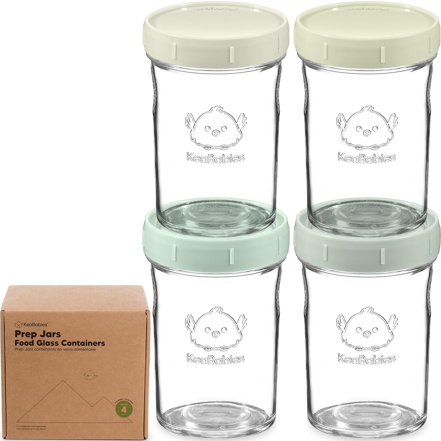KeaBabies 4pk 8oz Glass Baby Food Containers with Lids - Leak-Proof, Microwavable Small Glass Jars, Baby Purees & Toddler Snack Storage Containers, BPA-Free, Dishwasher & Freezer Safe (Sage)