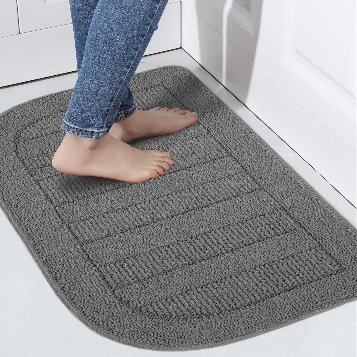 BEQHAUSE 30x18 Inch Kitchen Rug Mat Durable Kitchen Rugs Non-Slip Washable Absorbent Kitchen Mats for Floor Dirt-Resistant Semicircular Kitchen Mat (Grey, 2PCS)