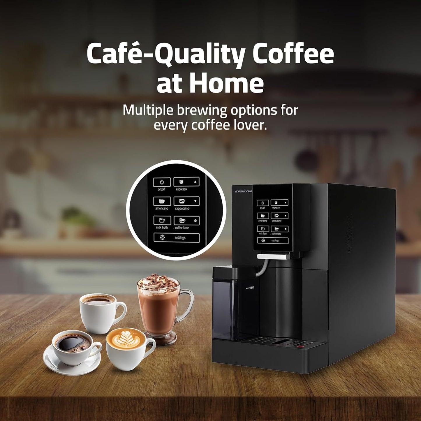 Epsilon Fully Automatic Coffee Machine with Grinder, Coffee & Espresso Maker Combo, Built-In Milk Frother, One Touch Self Cleaning, Super Automatic Custom Brewing Coffee Machine