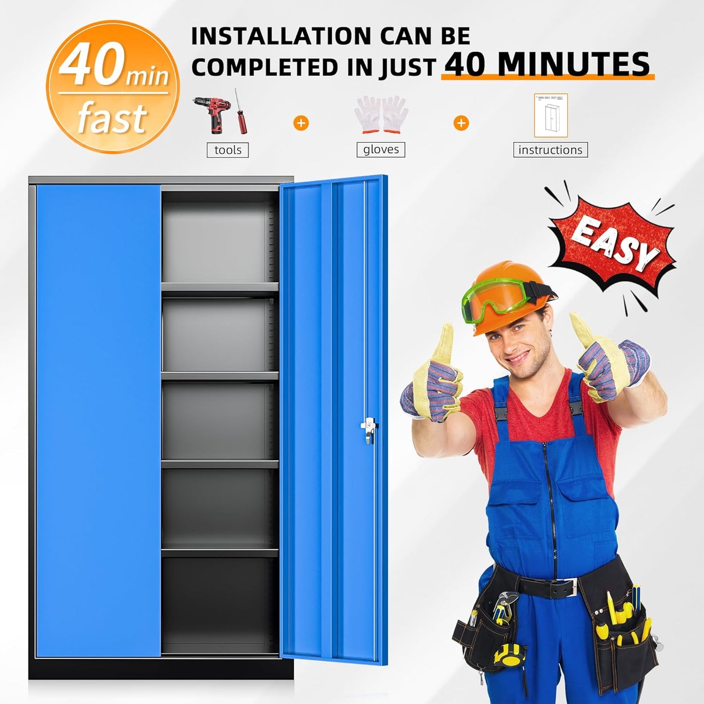 INTERGREAT Metal Storage Cabinets 72” Black Blue Garage Steel Storage Cabinet with Doors and Shelves, Steel File Cabinet for Home Office, Basement, Warehouse, Classroom（Anti Tipping）