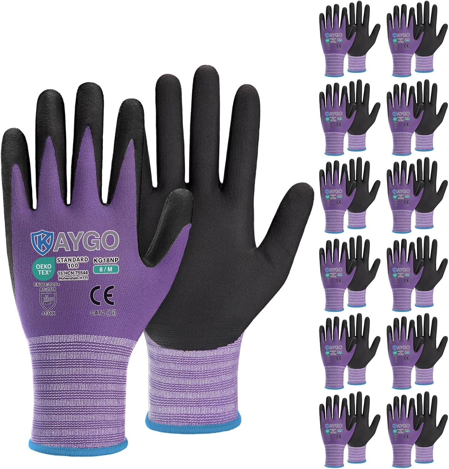 KAYGO Safety Work Gloves MicroFoam Nitrile Coated, 12 Pairs KG18NB,Seamless Knit Nylon Glove for Men and Women, Ideal for Automotive,Warehouse,Construction (M, Purple)