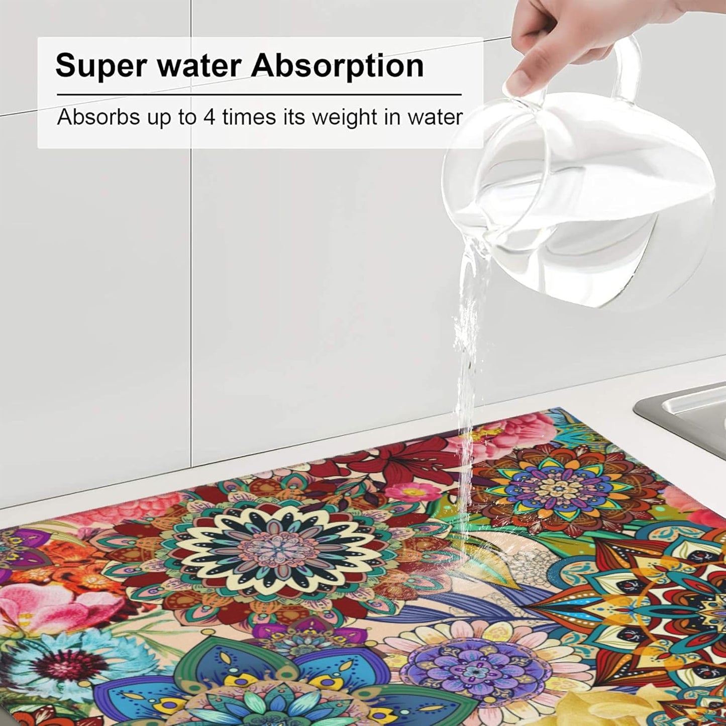 Boho Floral Dish Drying Mat for Kitchen Counter Washable Absorbent Reversible Microfiber Colorful Flowers Drying Pad Kitchen Accessories 16x18 Inch