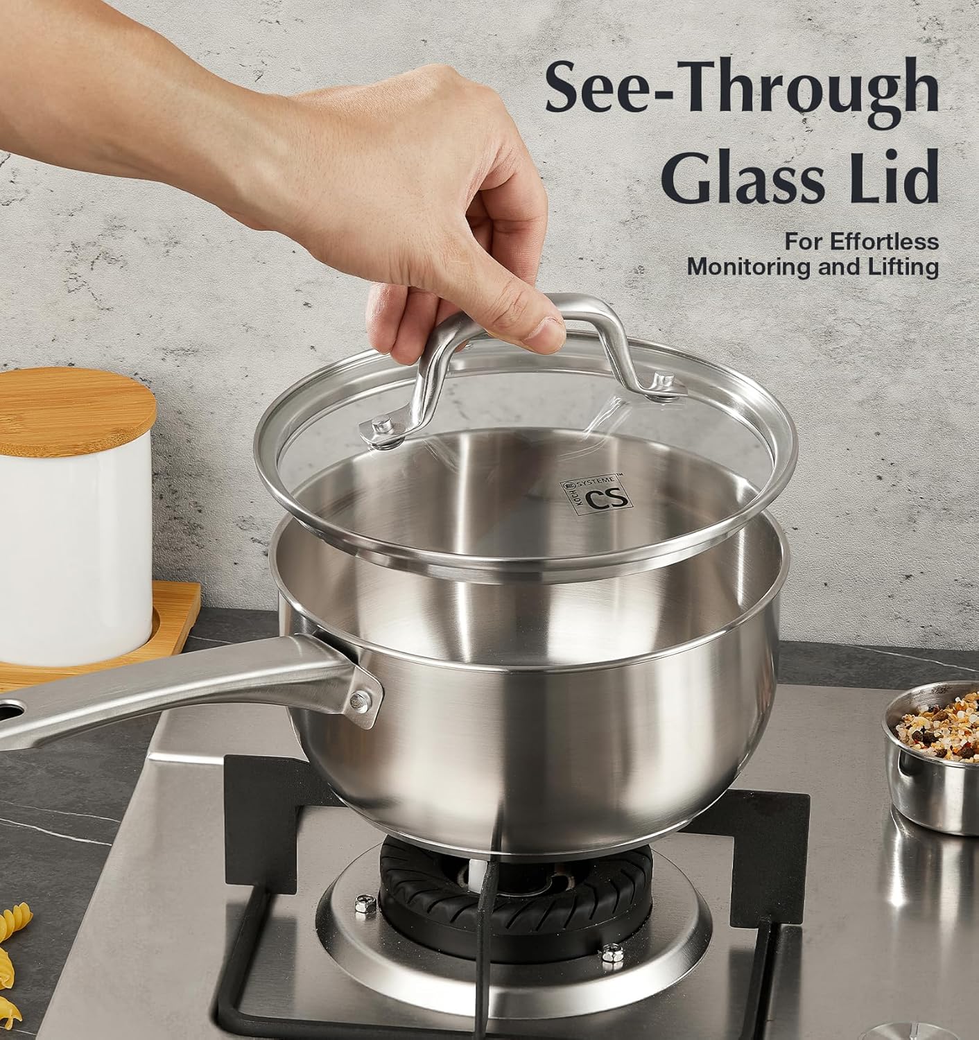 KOCH SYSTEME CS Stainless Steel Saucepan, 3 Quart Saucepan with Lid, Premium Stainless Sauce Pan, Indutcion Sauce Pan with Lid, Stainless Steel Pot 3 QT, Easy to Clean, Oven Safe