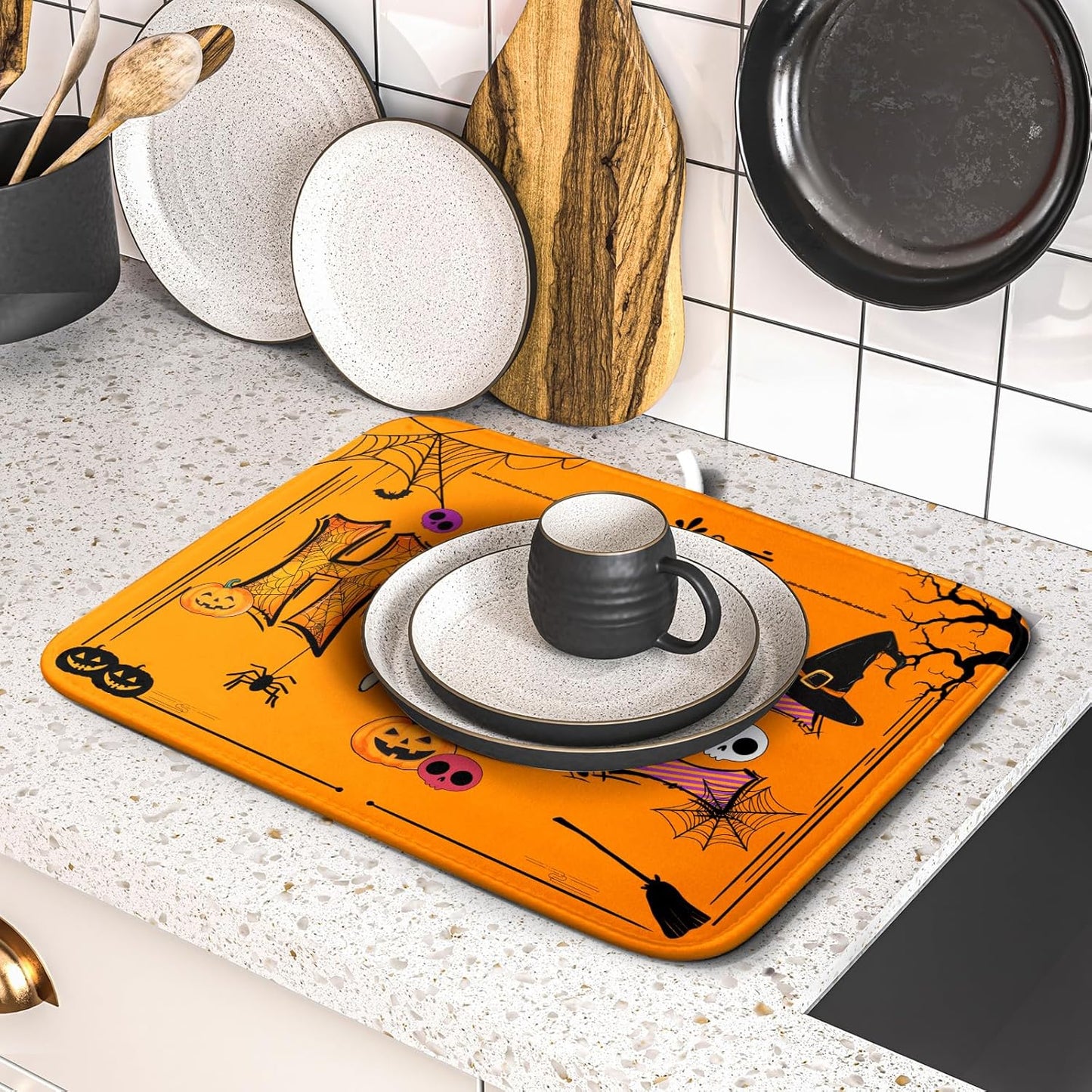 Funny Festival Dish Drying Mats for Kitchen Counter Orange Halloween Home Decoration Coffee Mat