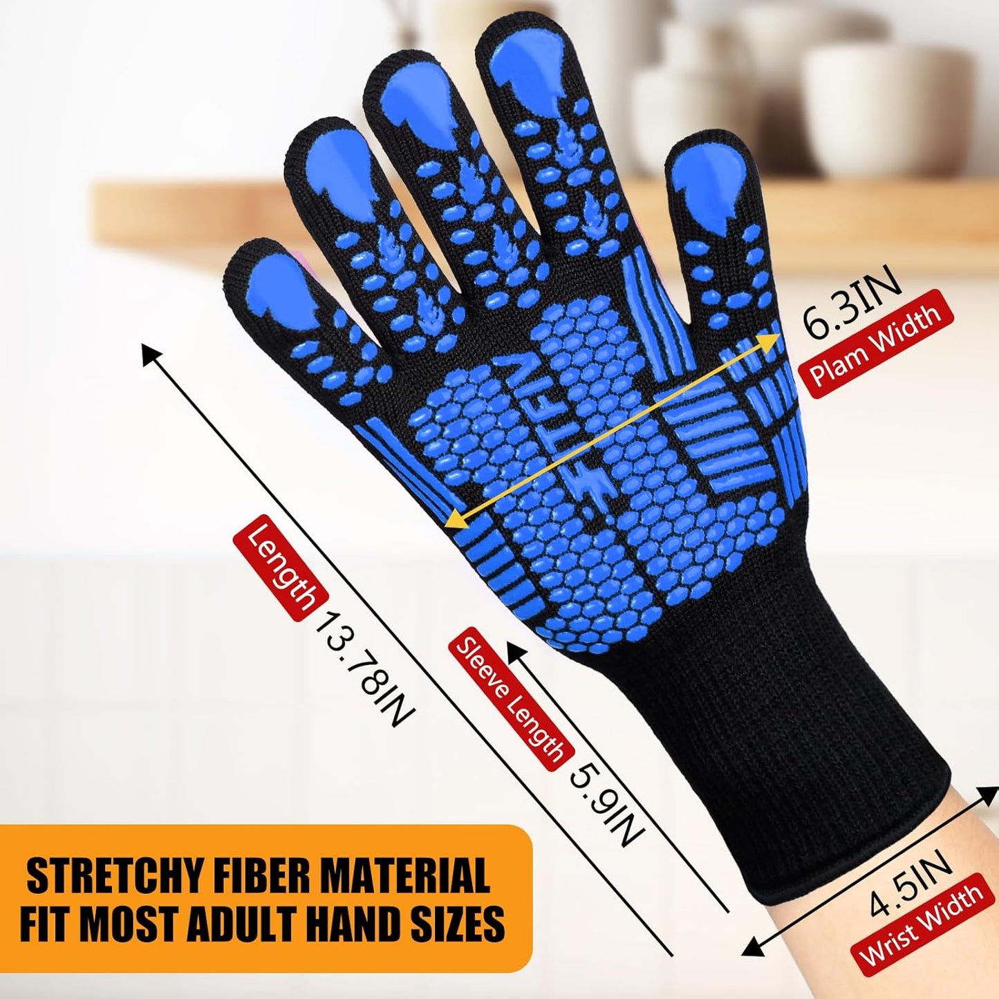 BBQ Gloves, Oven Gloves, 1472°F Extreme Heat Resistant Barbecue Gloves, Silicone Non-Slip Oven Mitts, Kitchen for Cooking, Grilling, and Baking (Blue)