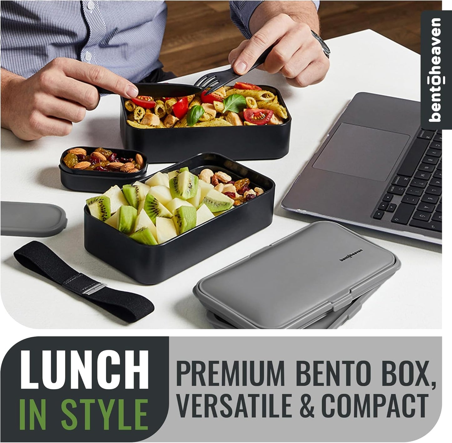 Bentoheaven Premium Bento Box Adult Lunch Box with Compartments for Women & Men, Set of Utensil & Chopsticks & Dip Container, Cute Japanese Kids Bento Lunch Box, Microwavable (Whispering Gray)