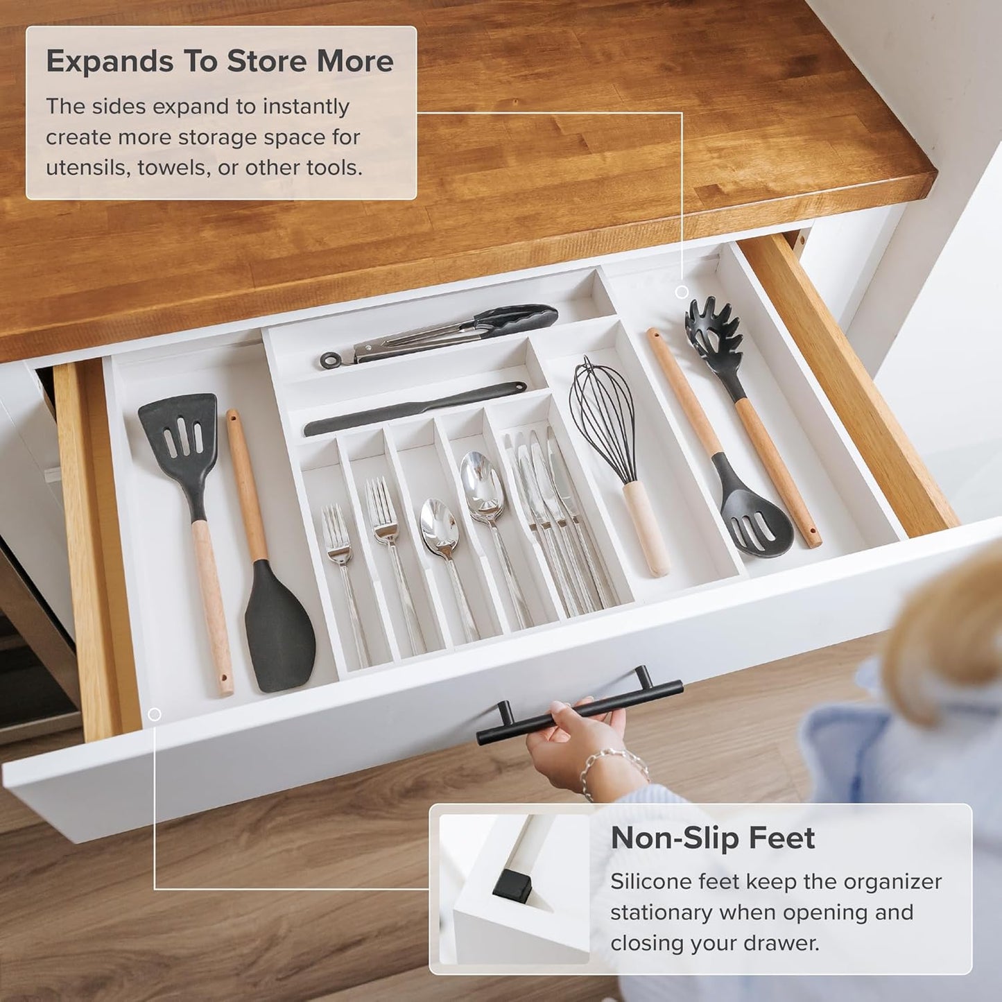 KitchenEdge Premium Silverware, Flatware and Utensil Organizer for Kitchen Drawers, Food-Safe Contract Grade, Expandable from 16 to 28 In, White Bamboo
