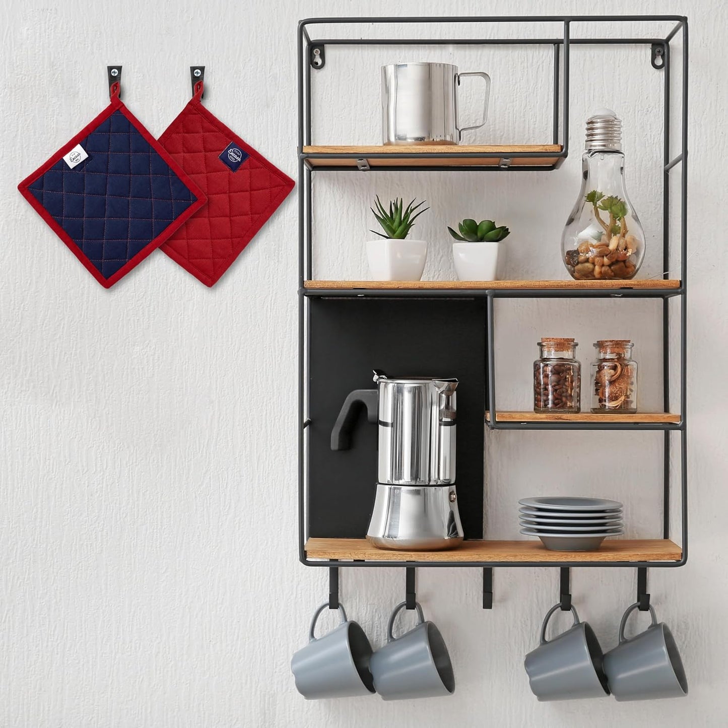 Encasa XO Heat Resistant Cotton Pot Holders with Hanging Loop - Set of 2 - Red - Multipurpose Quilted Everyday Hot Pad for Kitchen, Camping, BBQ & Microwave - 8x8 in