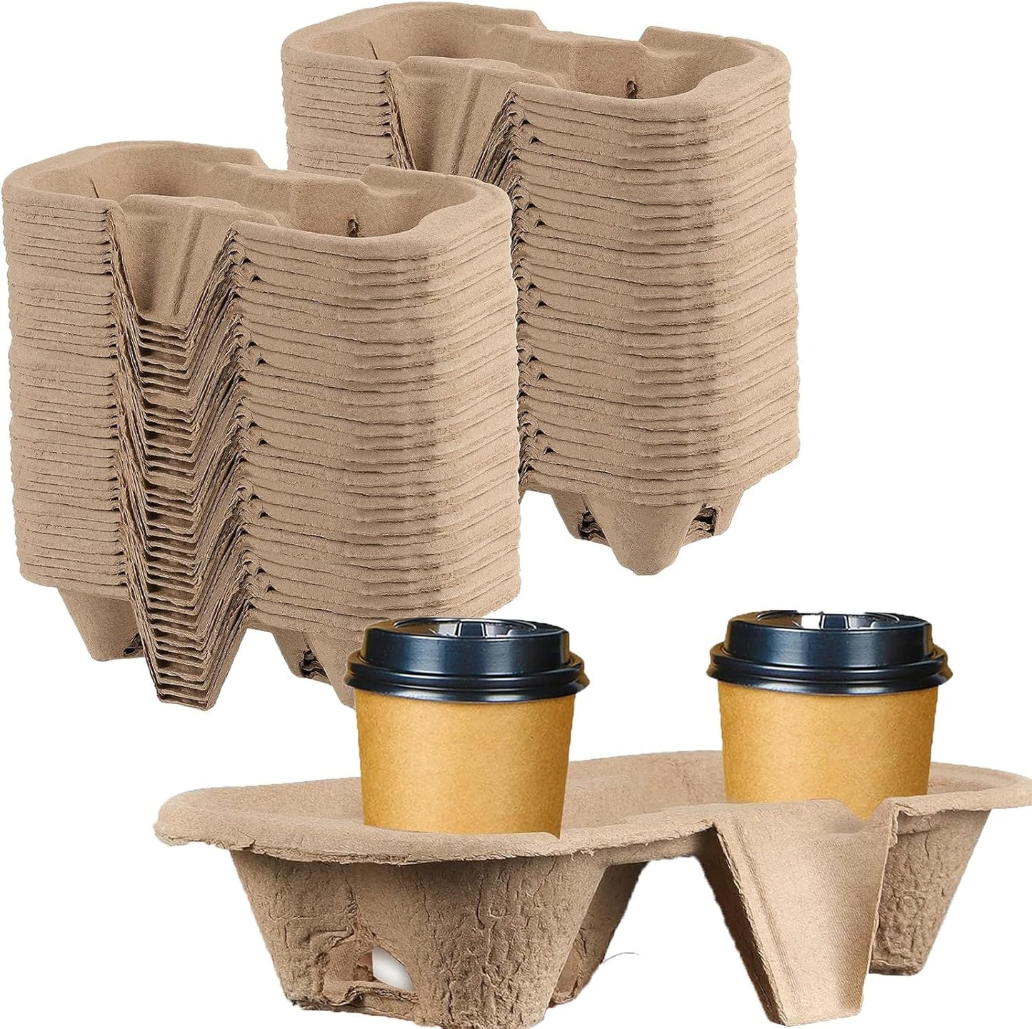HAKZEON 100 Pack Fiber 2 Cup Holders, To Go Coffee Cup Holder, 2 Cups Pulp Fiber Drink Carrier, Drink Carrier Trays for Coffee Shops, Grocery Stores, Takeaway Restaurants, Drink Shops