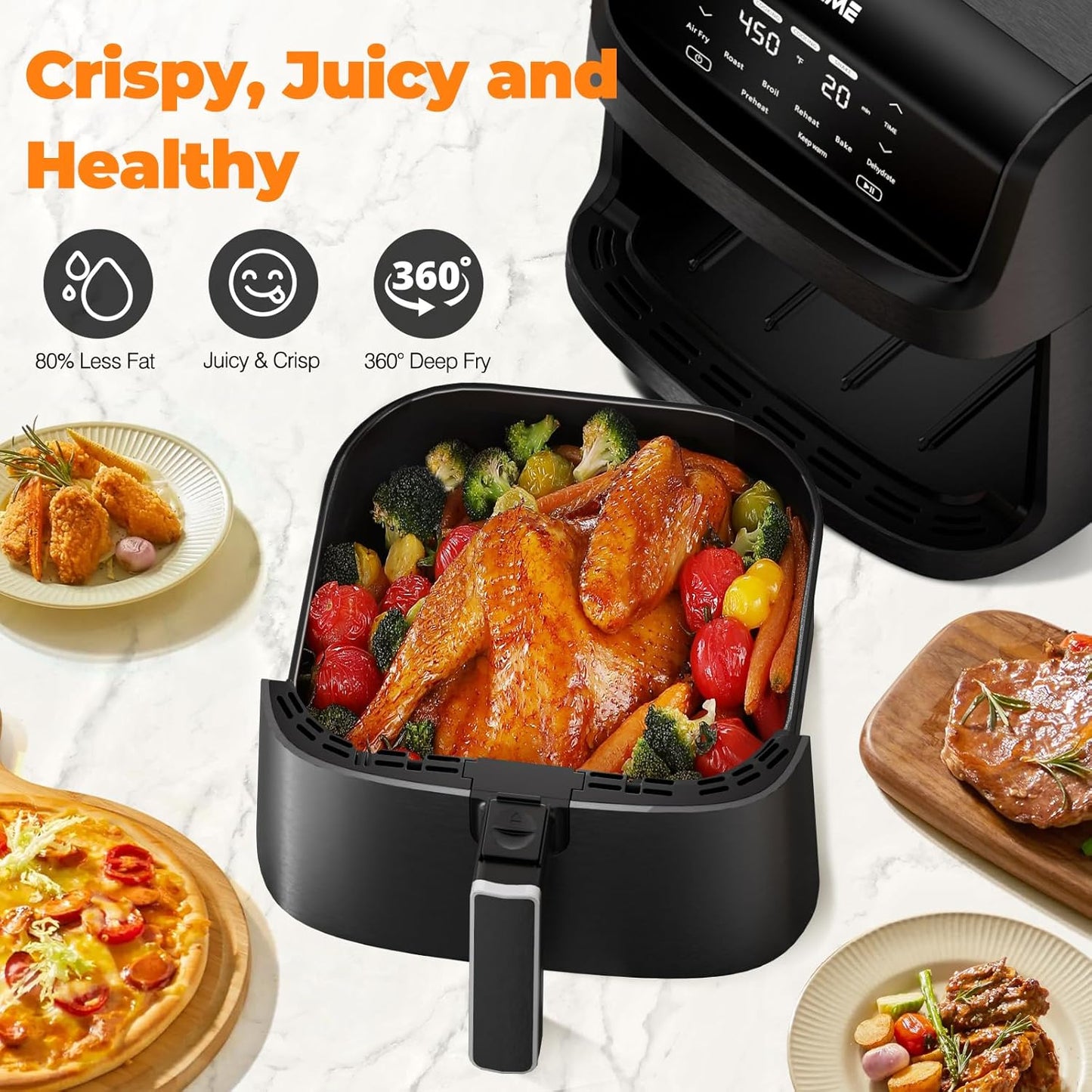 DEIME Air Fryer 7.2 QT 1700W Oilless Oven Healthy Cooker Air Fryers Large Capacity with 8 Presets, Visible Cooking Window, LCD Touch Screen, Customerizable Cooking, Non-Stick Basket (Black)