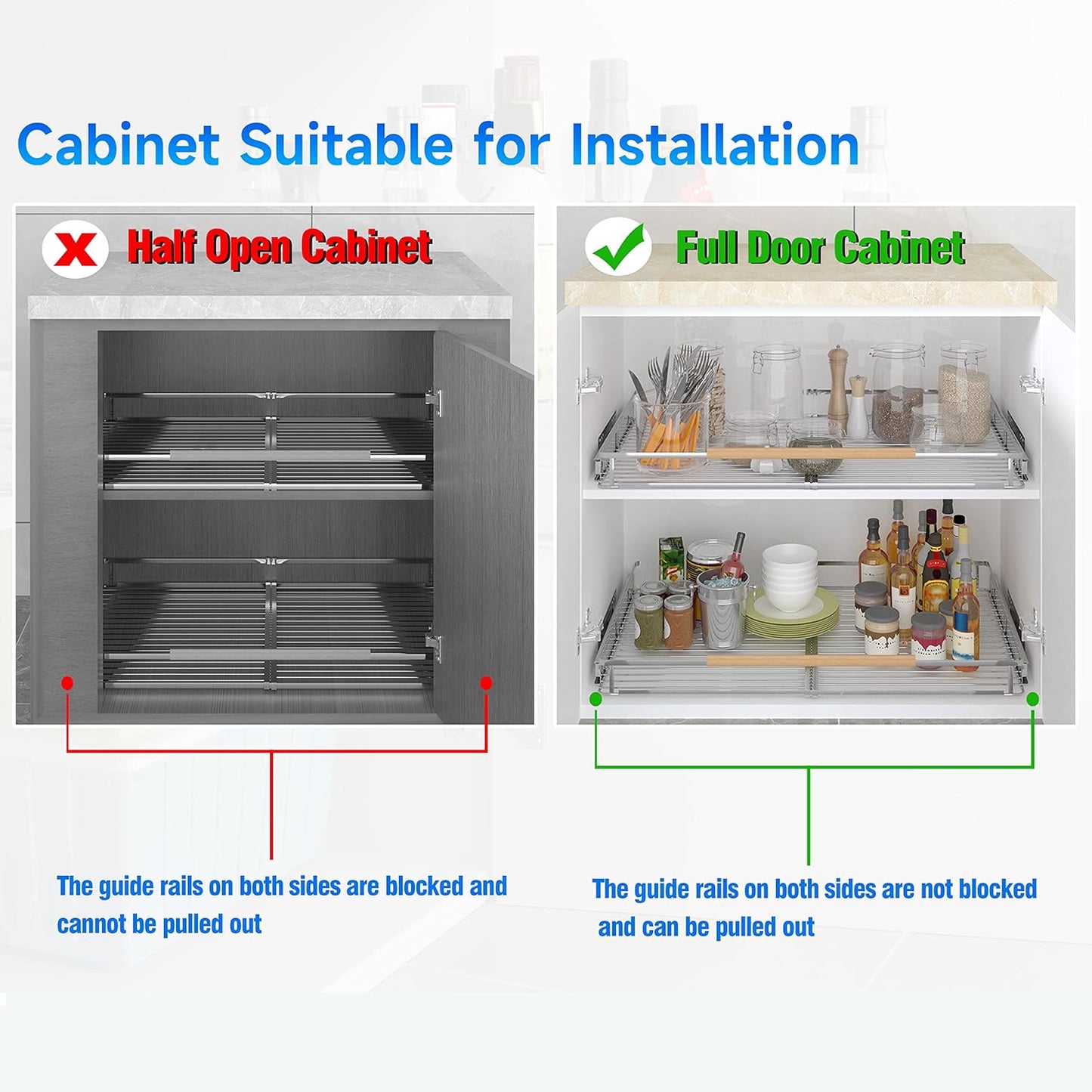 Expandable Pull Out Cabinet Organizer,12.2~17.9"W x 22.5"D Heavy Duty Slide Out Shelves Adjustable Height Cabinet Pull Out Shelves,Expandable Width Spice Rack Organizer for Kitchen Cabinet