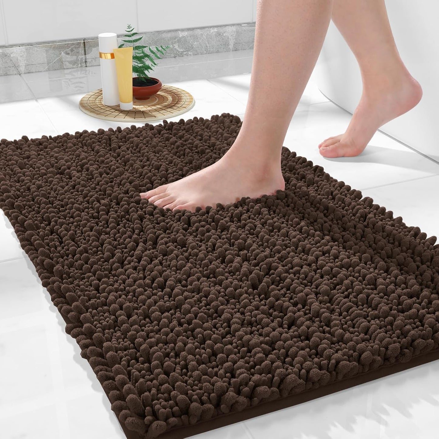 Yimobra Bathroom Rugs Non Slip Washable 24x17 Inch - Ultra Soft Absorbent Chenille Bath Mat, Quick Dry Shaggy Floor Carpet for Tub Shower, Brown Home Decor Accessories