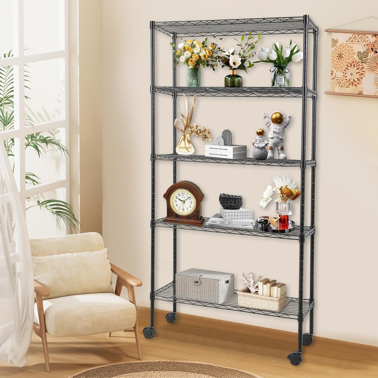 FDW Adjustable 5-Tier Metal Shelf with Wheels, 250 lbs Capacity, Easy Assembly, Ideal for Small Spaces